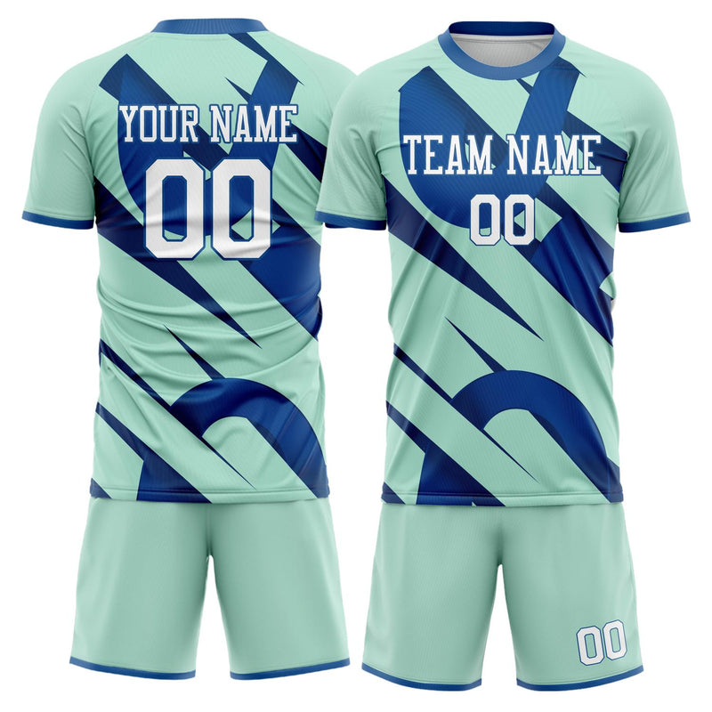 Maßgeschneidertes Professionelles Blaugrün Blau Geometrisch Fußballtrikot-Set FT03240809JC138