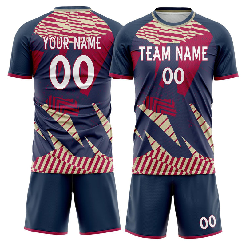 Maßgeschneidertes Professionelles Marineblau Rot Geometrisches Fußballtrikot-Set FT03240809JC206