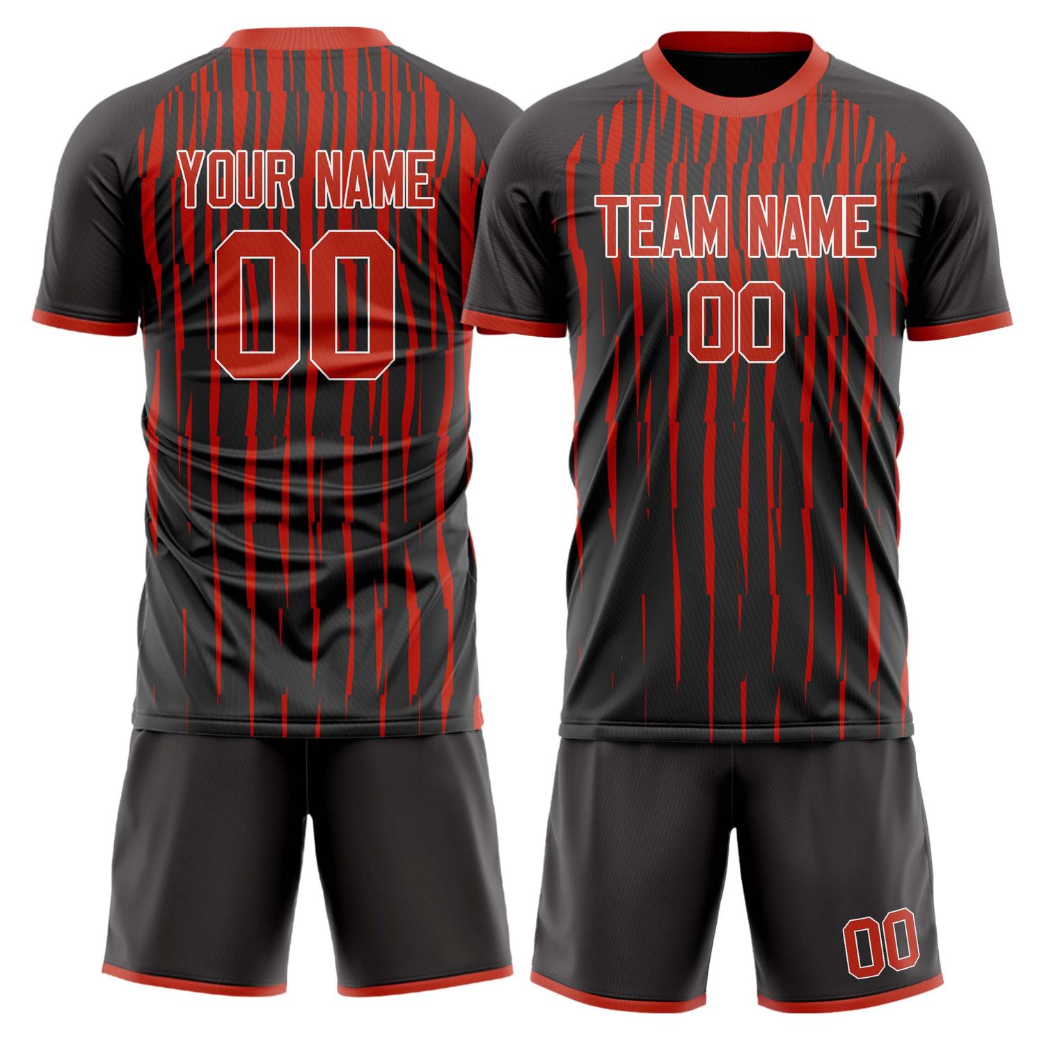 Maßgeschneidertes Professionelles Schwarz Rot Streifen Fußballtrikot-Set FT03240809JG080