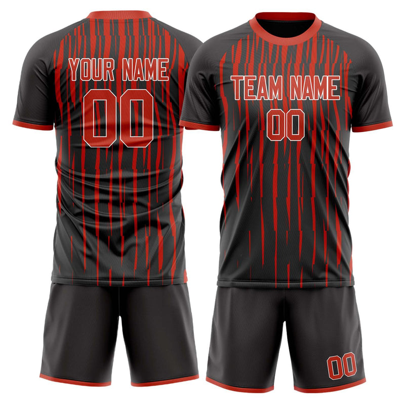 Maßgeschneidertes Professionelles Schwarz Rot Streifen Fußballtrikot-Set FT03240809JG080