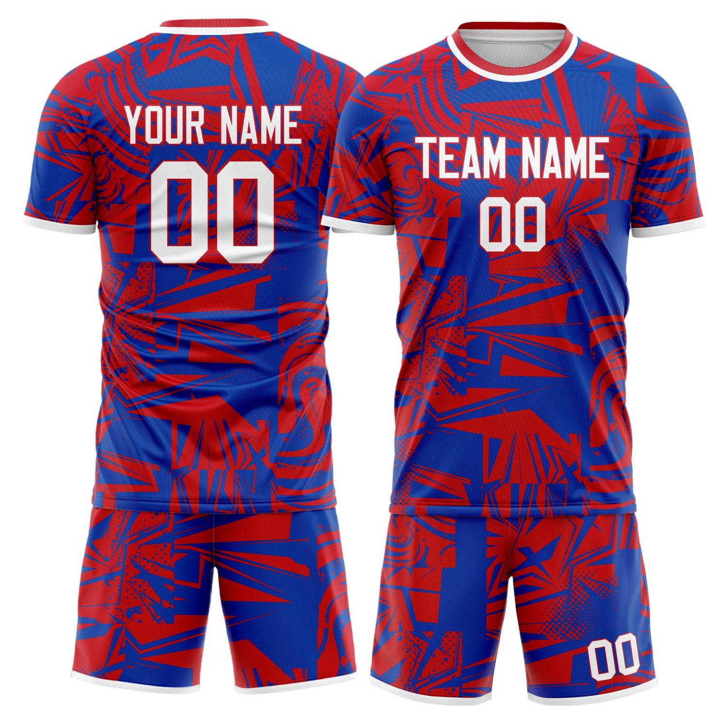 Maßgeschneidertes Professionelles Rot Königsblau Geometrisches Fußballtrikot-Set FT03240809JG082