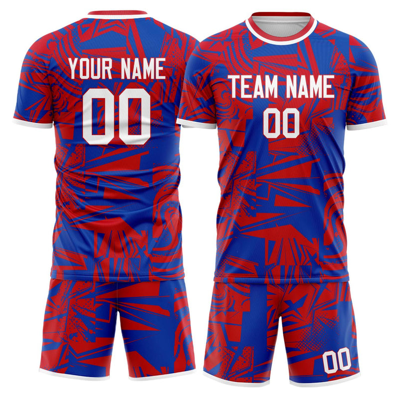 Maßgeschneidertes Professionelles Rot Königsblau Geometrisches Fußballtrikot-Set FT03240809JG082