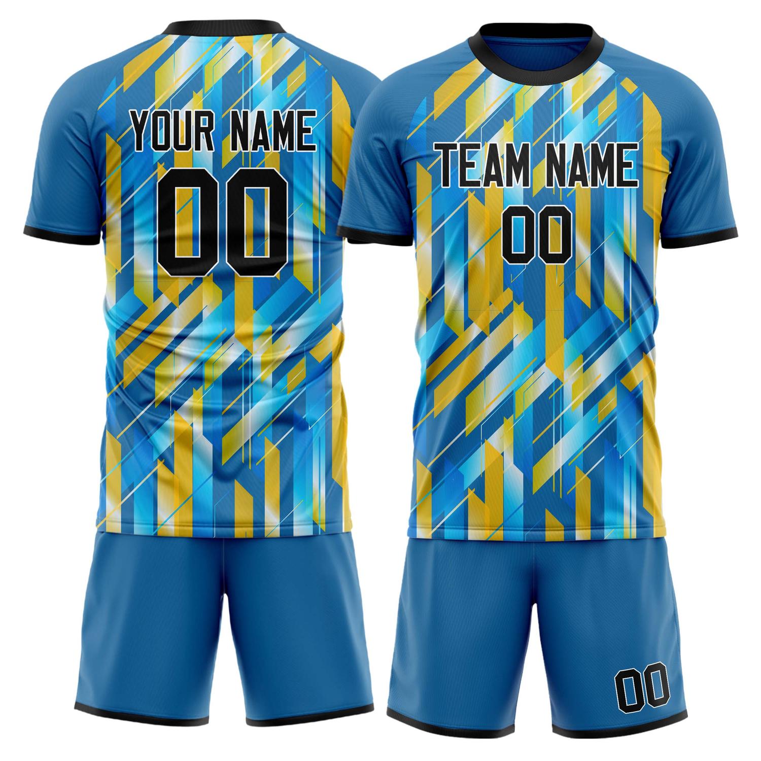 Maßgeschneidertes Professionelles Blau Gelb Geometrisches Fußballtrikot-Set FT03240809JG267