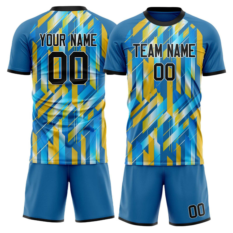 Maßgeschneidertes Professionelles Blau Gelb Geometrisches Fußballtrikot-Set FT03240809JG267