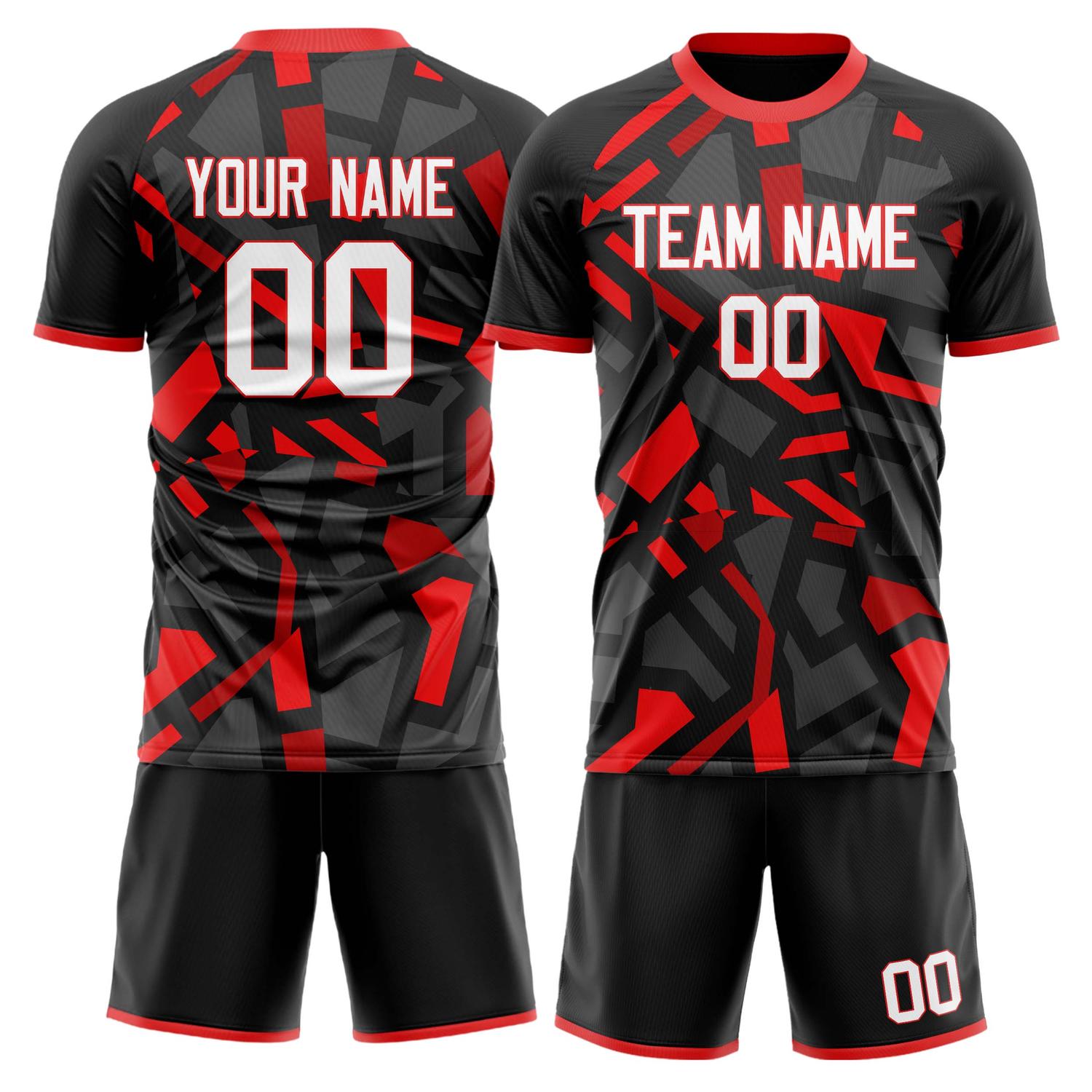 Maßgeschneidertes Professionelles Gold Rot Geometrisches Fußballtrikot-Set FT03240809JG270