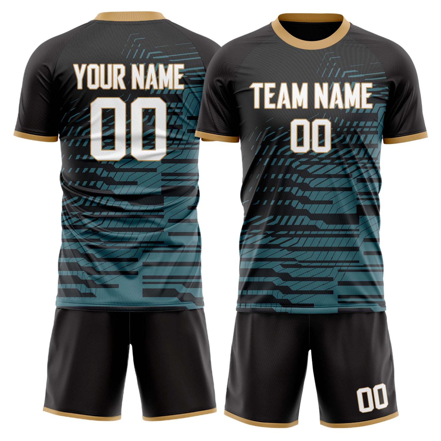 Maßgeschneidertes Professionelles Schwarz Weiß Zickzack Fußballtrikot-Set FT03240809JG282
