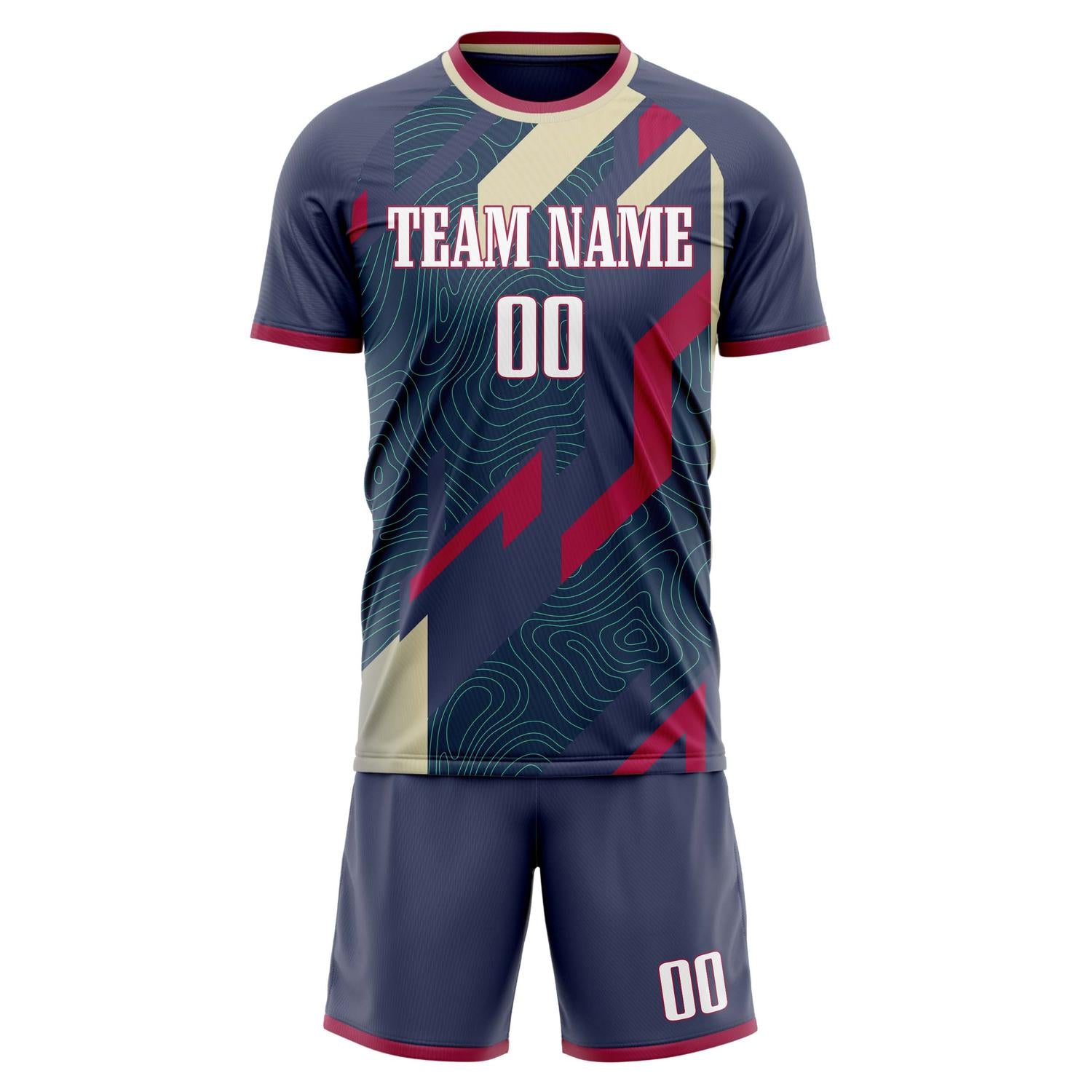 Kit da football professionale su misura blu navy e crema