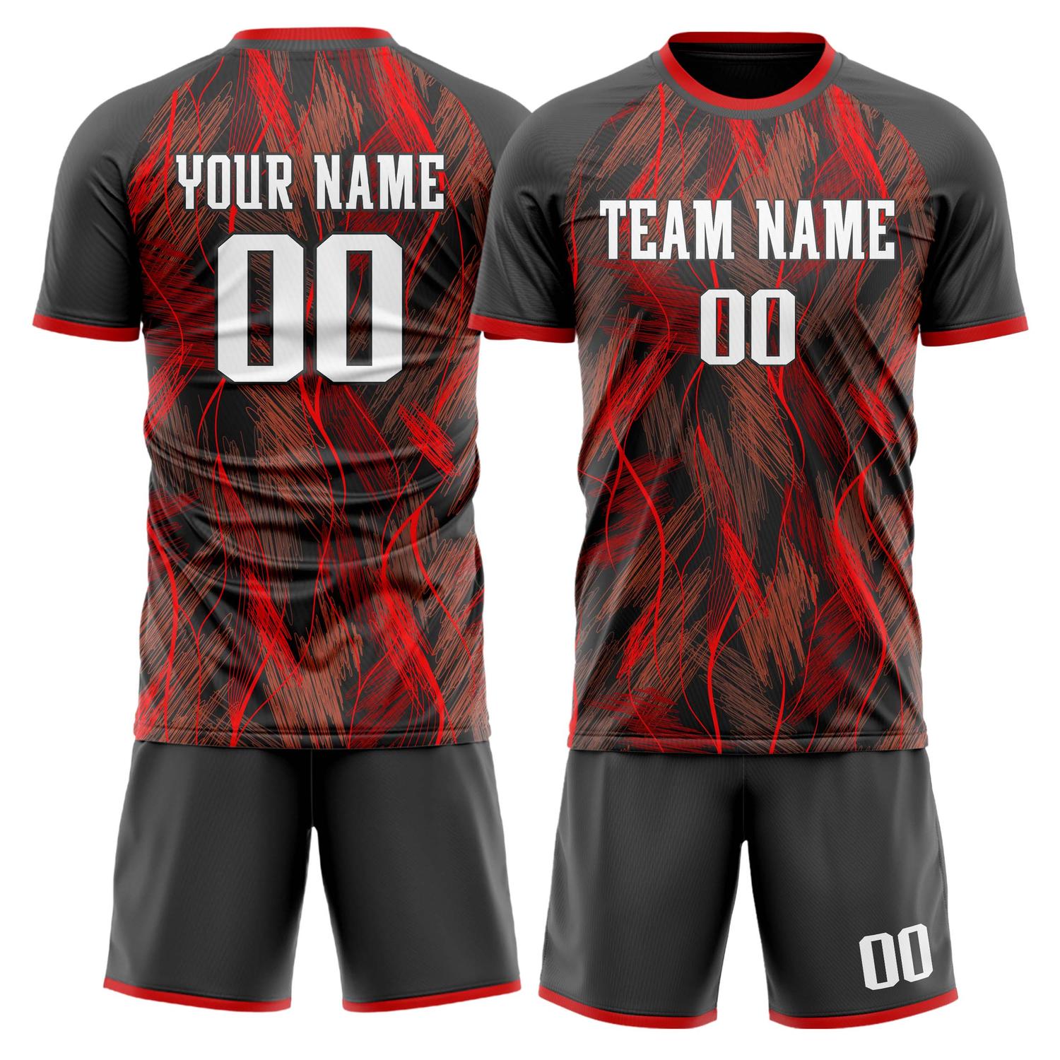Maßgeschneidertes Professionelles Schwarz Rot Flammen Fußballtrikot-Set FT03240809JG289