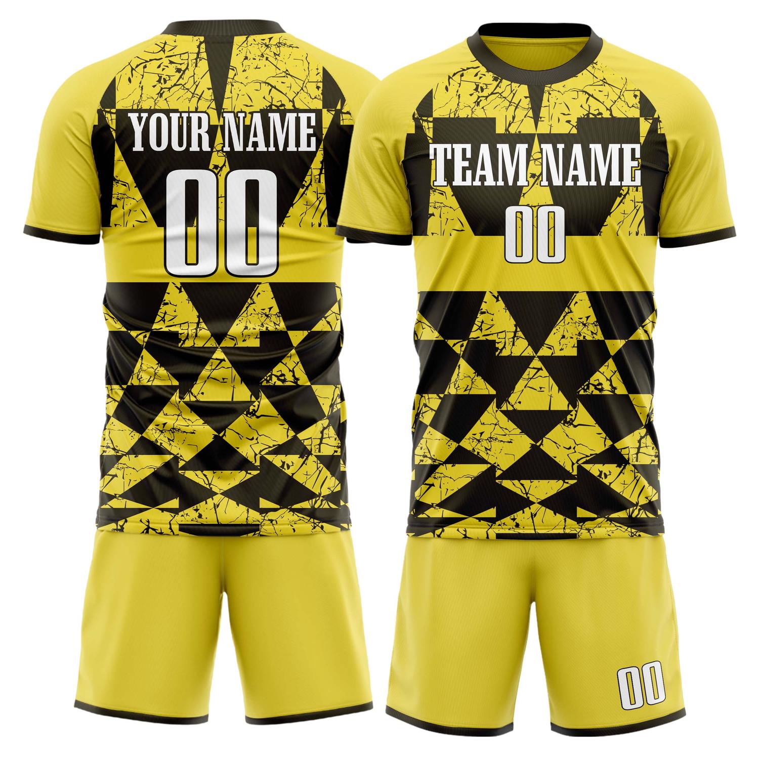 Maßgeschneidertes Professionelles Gold Schwarz Dreieck Fußballtrikot-Set FT03240809JG292
