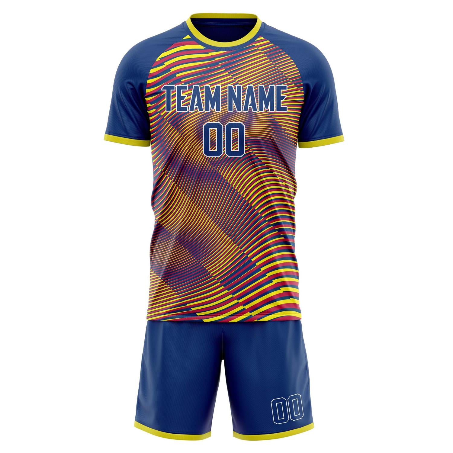 Set di maglie da football professionali Royal Blue Yellow Lines su misura