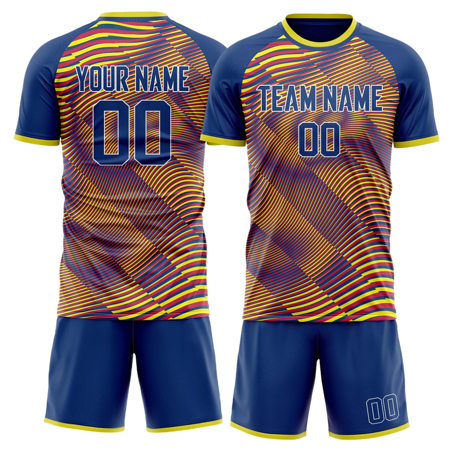 Maßgeschneidertes Professionelles Königsblau Gelb Linien Fußballtrikot-Set FT03240809JG294