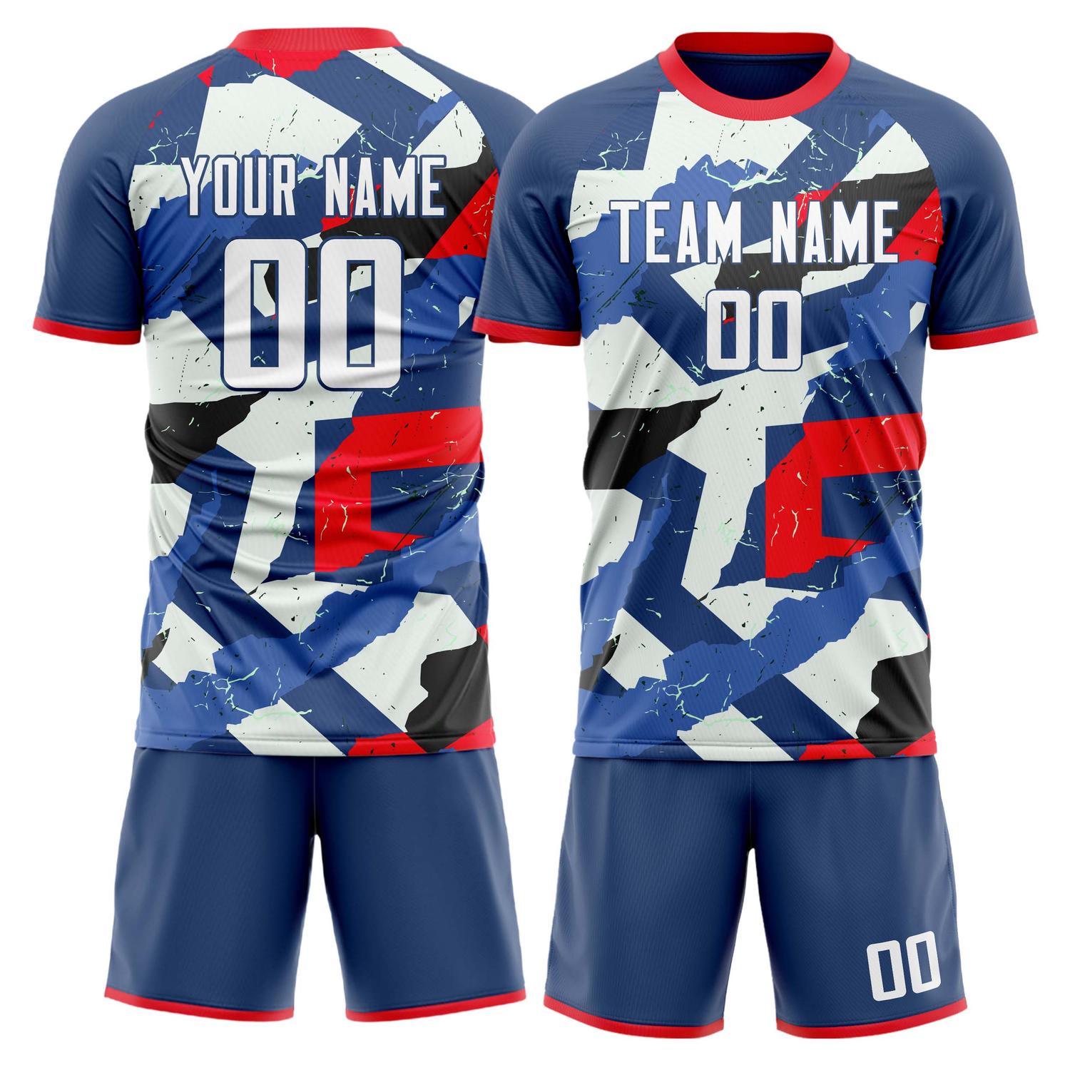 Maßgeschneidertes Professionelles Marineblau Weiß Gesplittert Fußballtrikot-Set FT03240809JG297