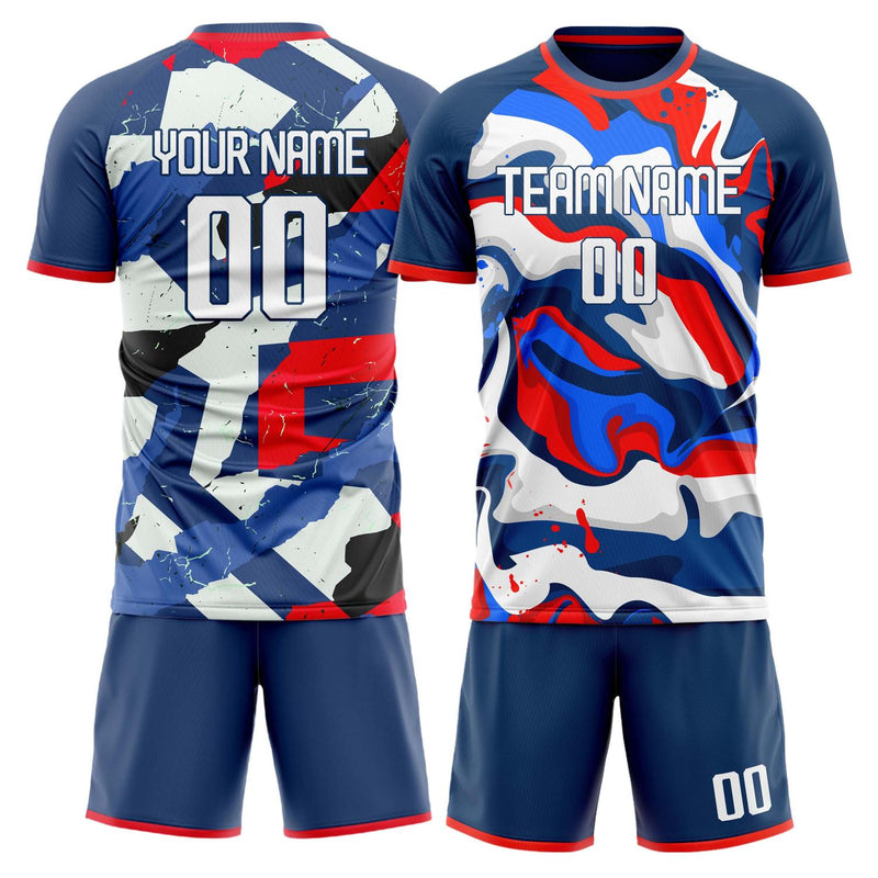 Maßgeschneidertes Professionelles Marineblau Weiß Flammen Fußballtrikot-Set FT03240809JG299
