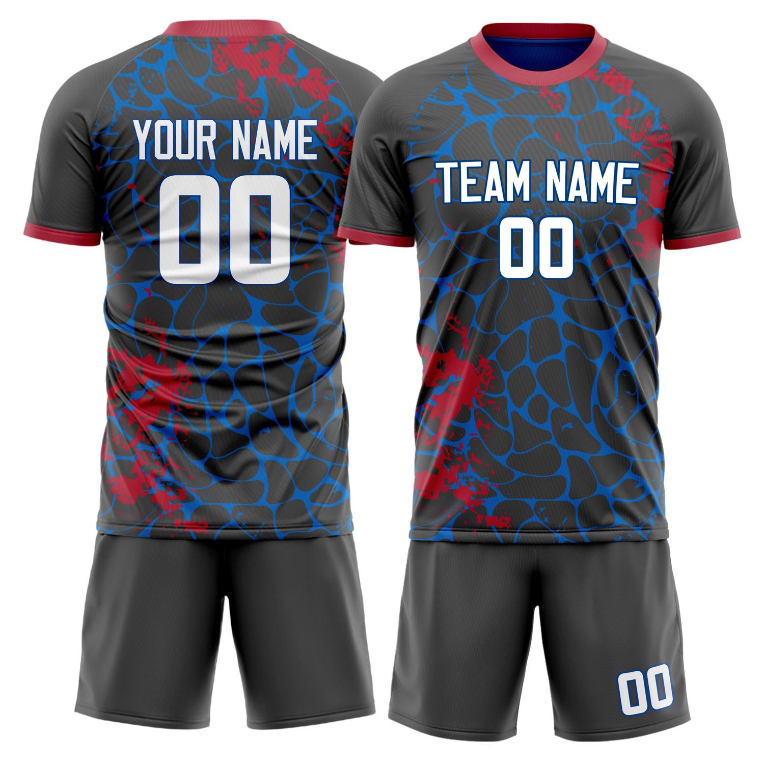 Maßgeschneidertes Professionelles Schwarz Blau Geometrie Fußballtrikot-Set FT03240809XE035