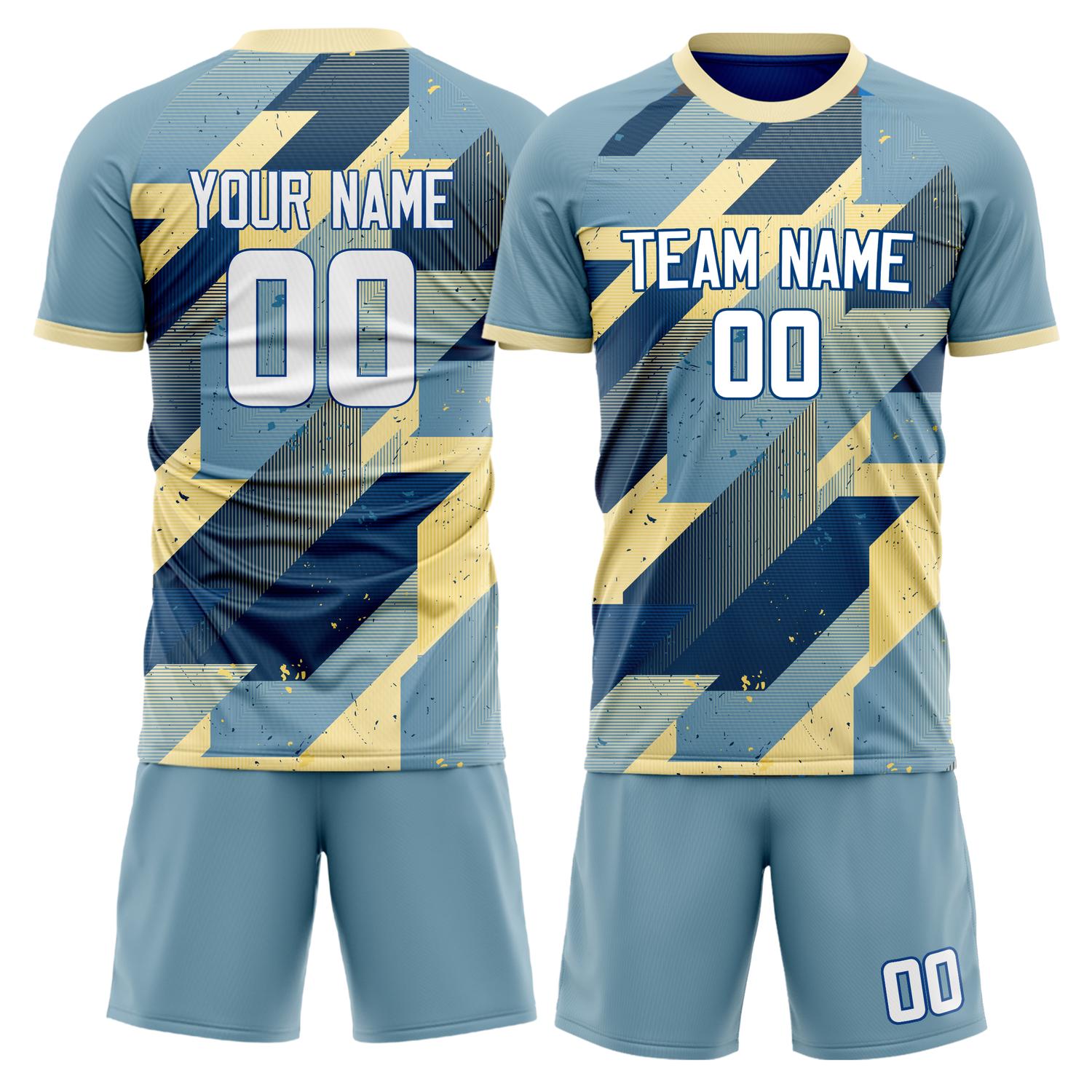 Maßgeschneidertes Professionelles Hellblau Creme Geometrie Fußballtrikot-Set FT03240809XE036