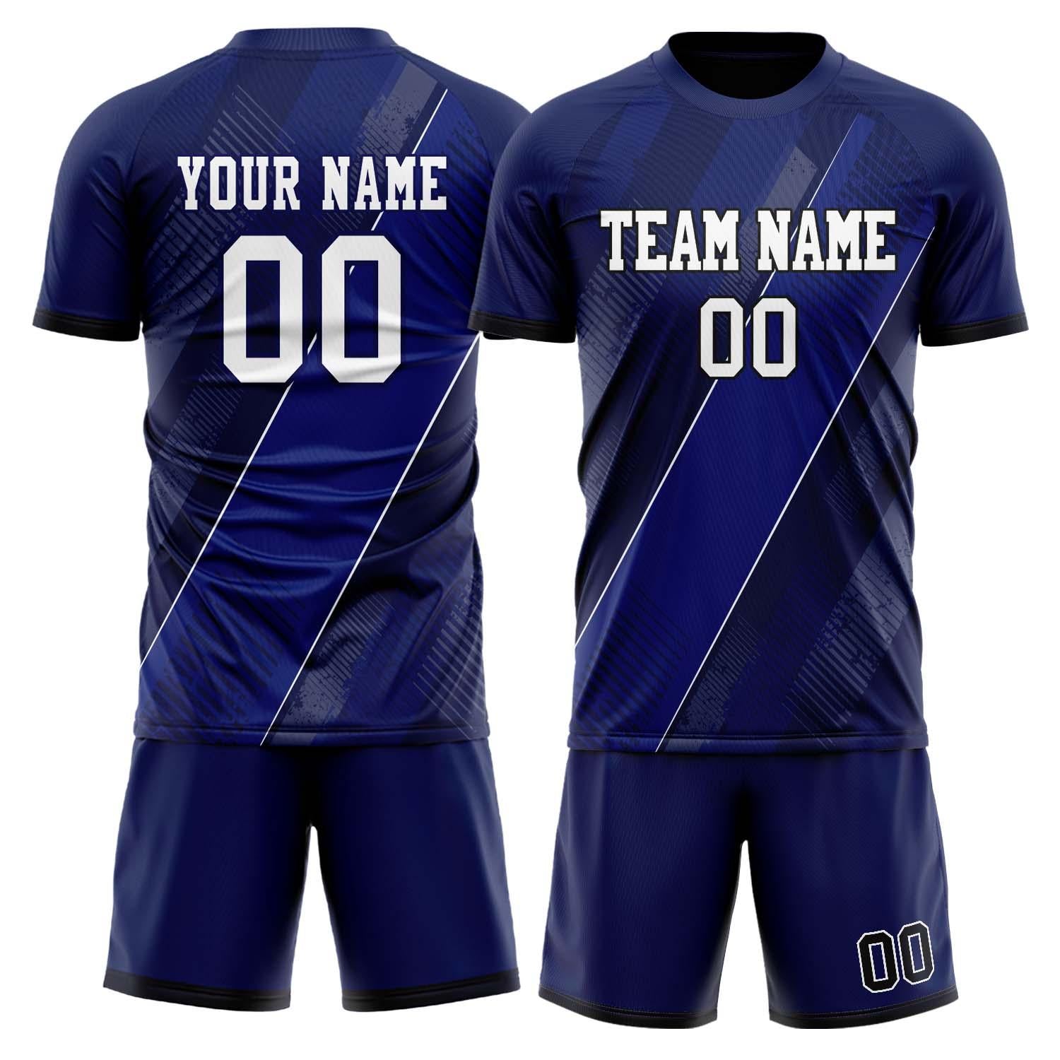 Maßgeschneidertes Professionelles Marineblau Weiß Geometrie Fußballtrikot-Set FT03240809XF090