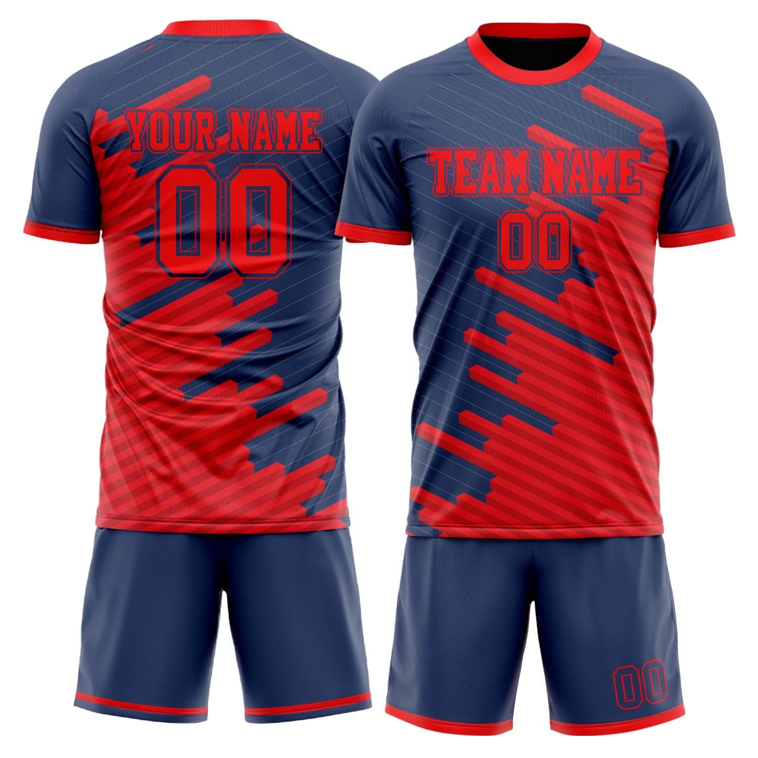 Maßgeschneidertes Professionelles Rot Marineblau Geometrie Fußballtrikot-Set FT03240809XF102