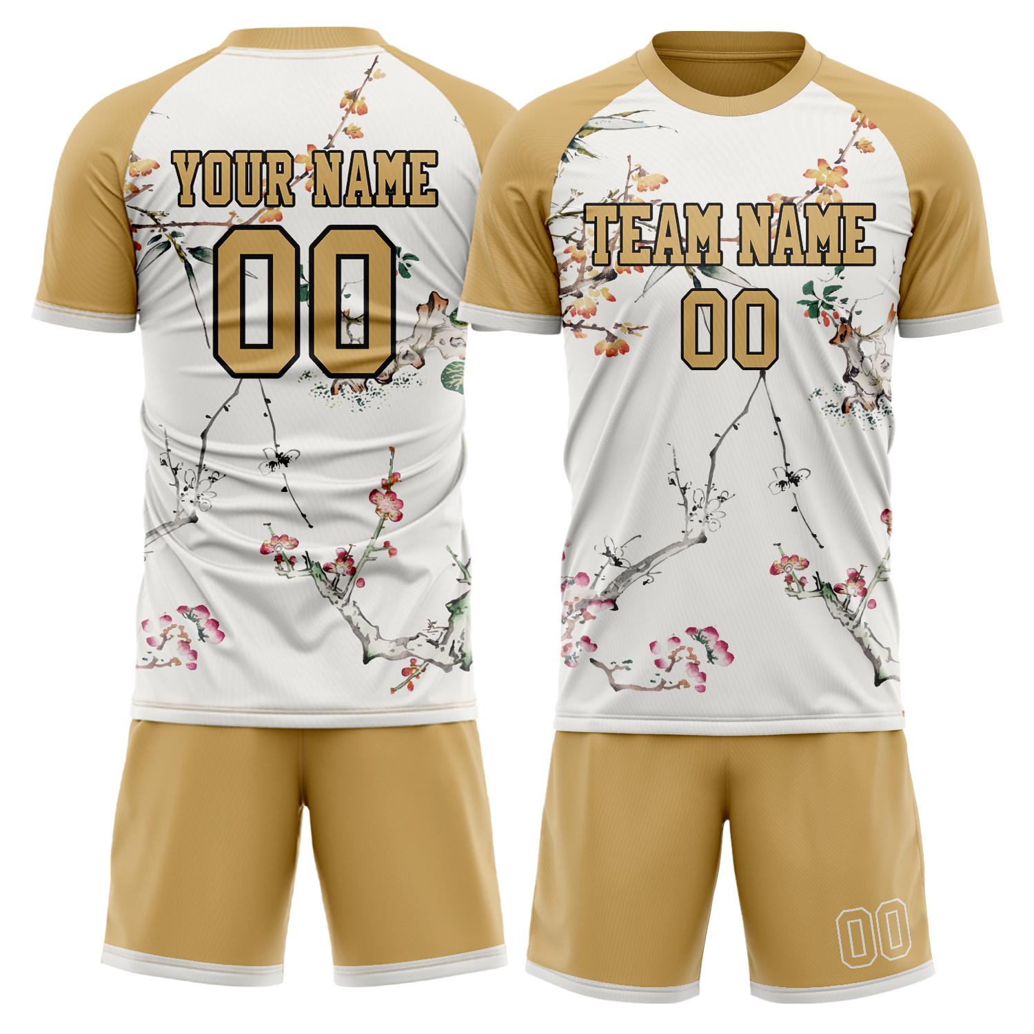 Maßgeschneidertes Professionelles Weiß Hellbraun Blumen Im Tintenstil Fußballtrikot-Set FT03240809XF313