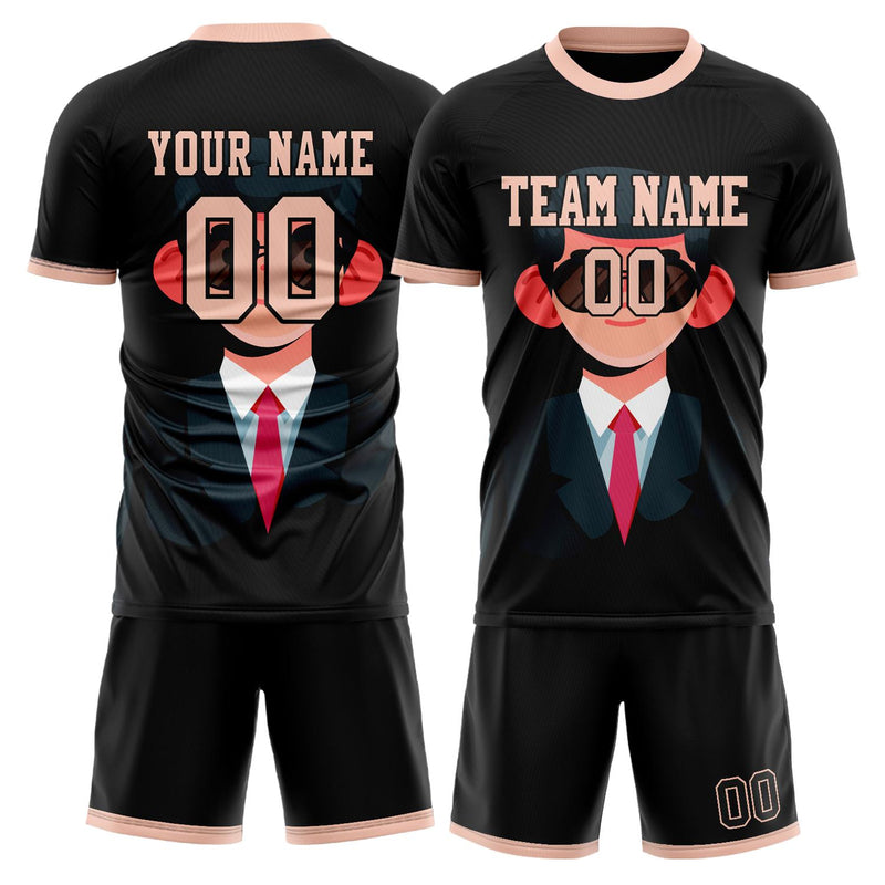 Maßgeschneidertes Professionelles Schwarz Rosa Anzugjunge Fußballtrikot-Set FT03240809XF316