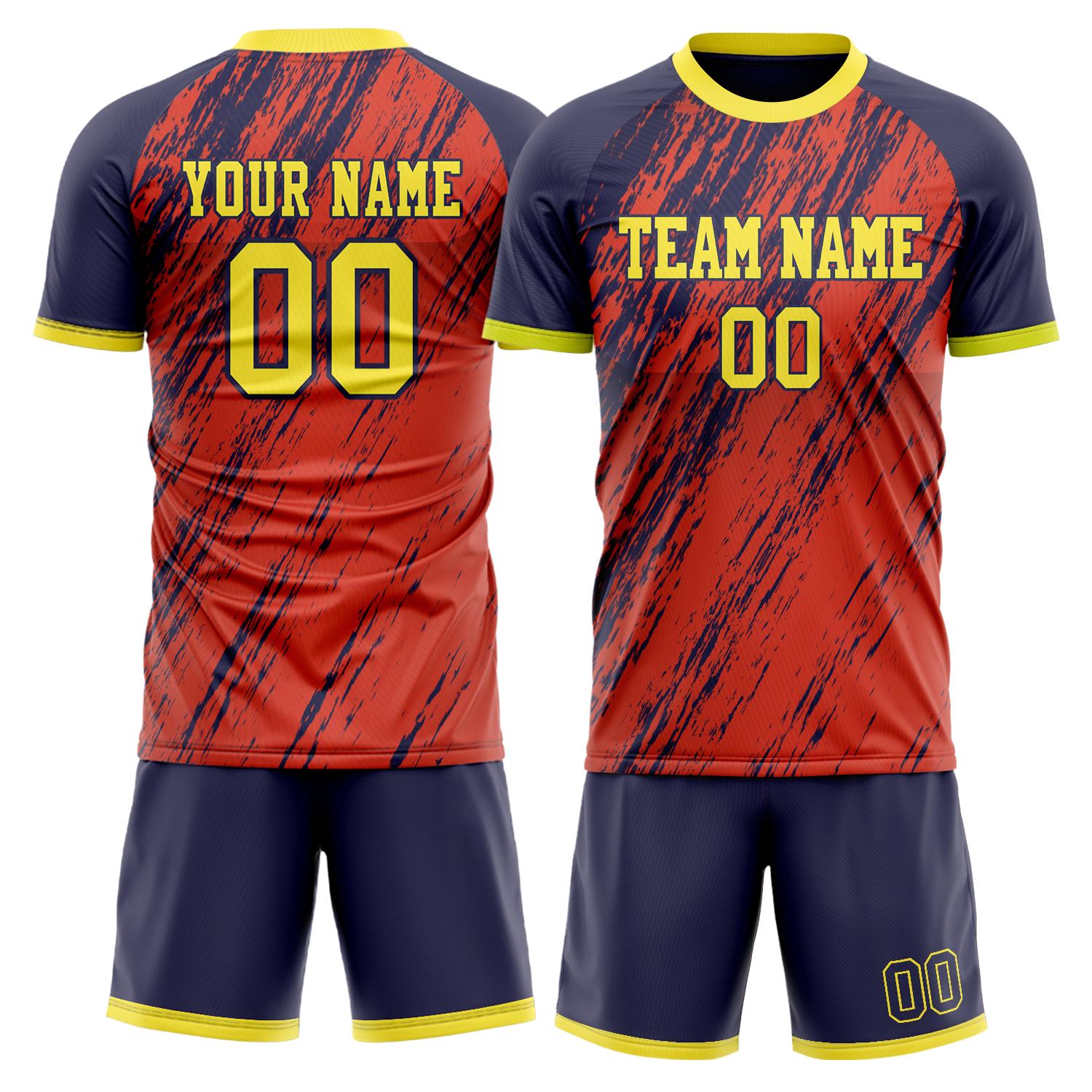 Maßgeschneidertes Professionelles Rot Marineblau Geometrie Fußballtrikot-Set FT03240809XF325