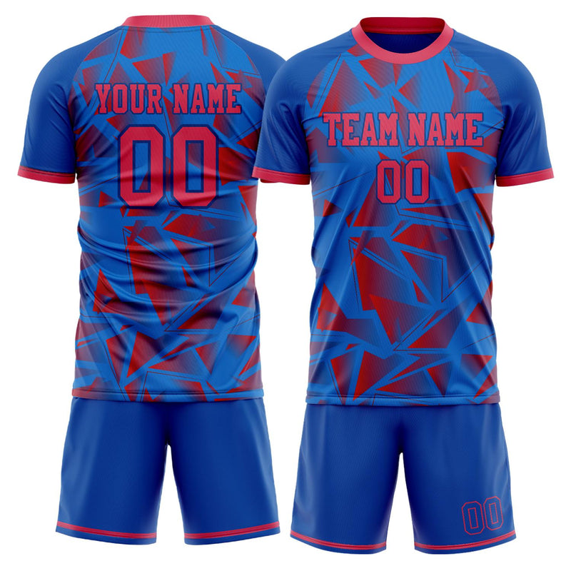 Maßgeschneidertes Professionelles Blau Rot Geometrie Fußballtrikot-Set FT03240809XF334