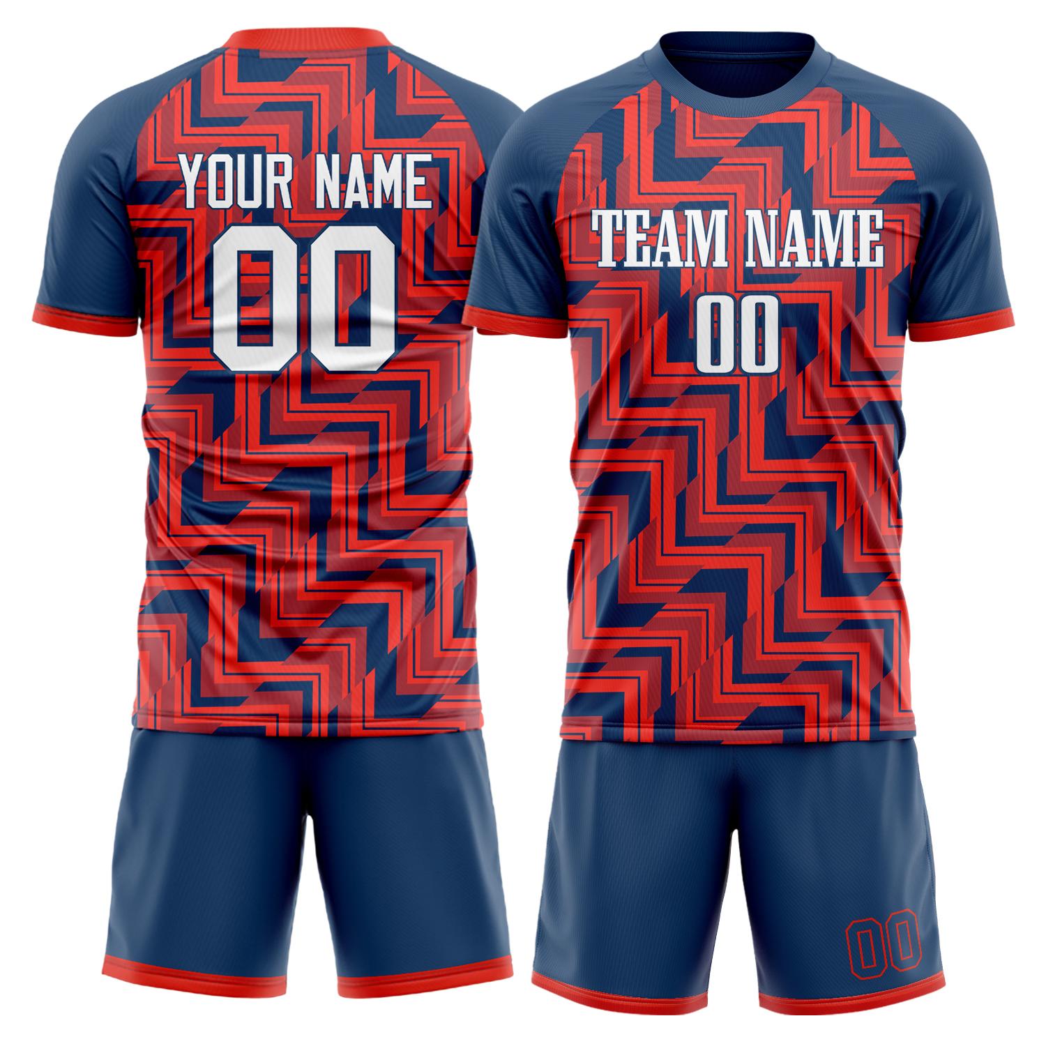 Maßgeschneidertes Professionelles Rot Marineblau Geometrie Fußballtrikot-Set FT03240809XF337