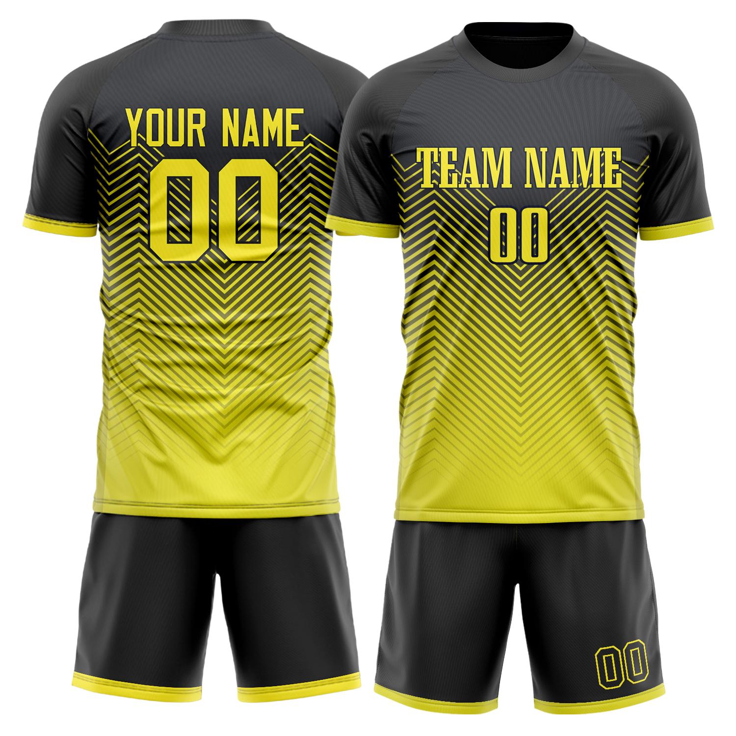 Maßgeschneidertes Professionelles Schwarz Gelb Linien Fußballtrikot-Set FT03240809XF346