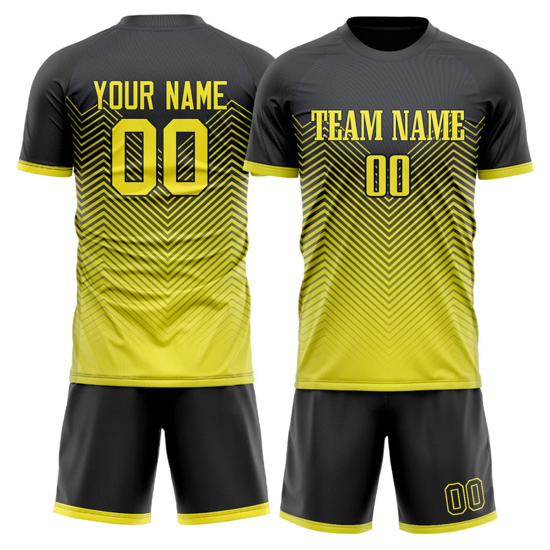 Maßgeschneidertes Professionelles Schwarz Gelb Linien Fußballtrikot-Set FT03240809XF346