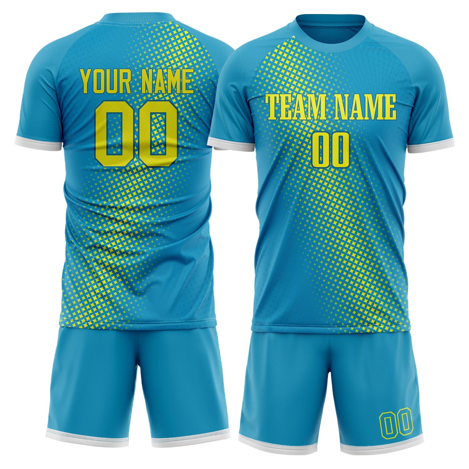 Maßgeschneidertes Professionelles Blaugrün Gelb Punkte Fußballtrikot-Set FT03240809XF351