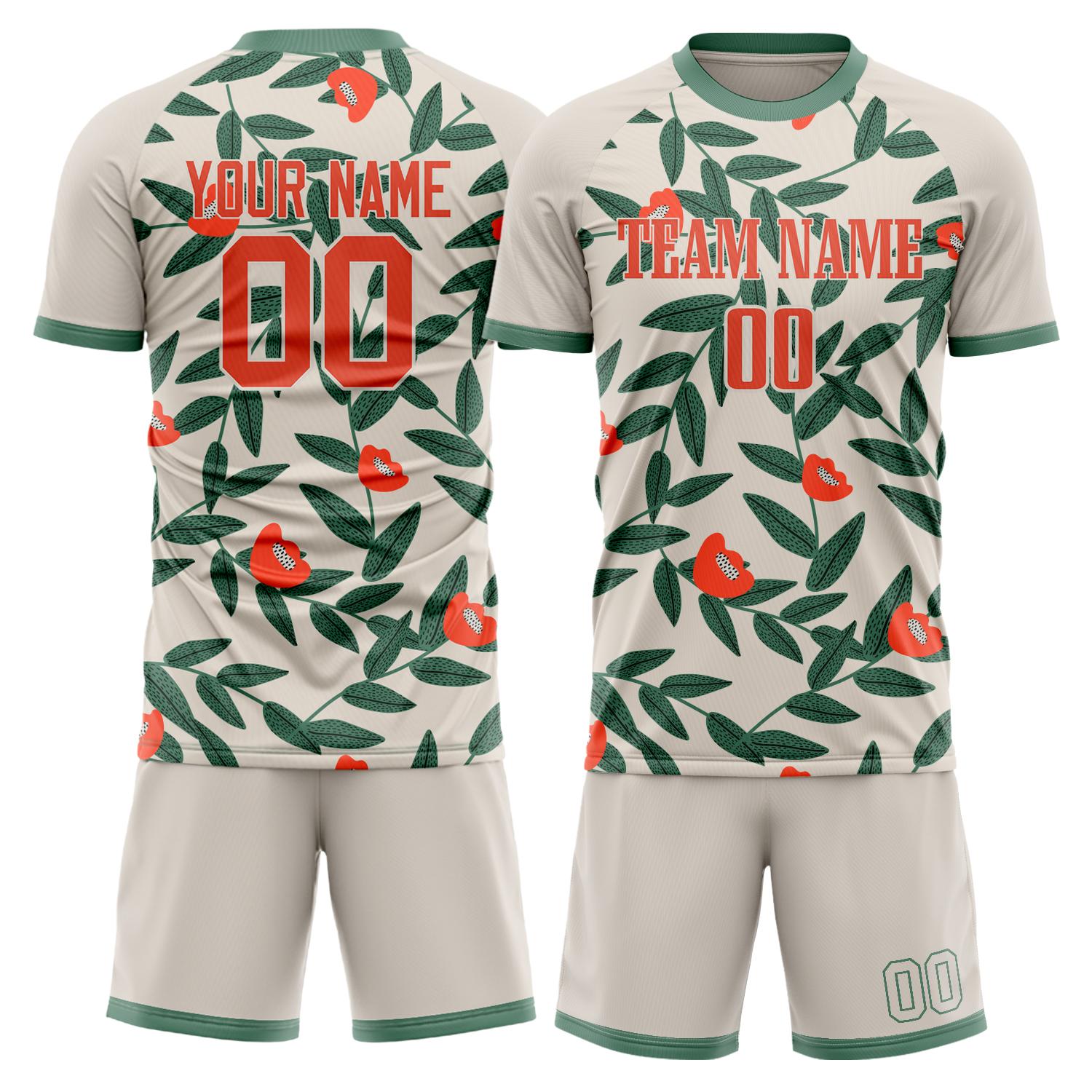 Maßgeschneidertes Professionelles Creme Grün Blatt Fußballtrikot-Set FT03240809XF364