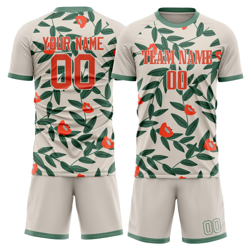 Maßgeschneidertes Professionelles Creme Grün Blatt Fußballtrikot-Set FT03240809XF364