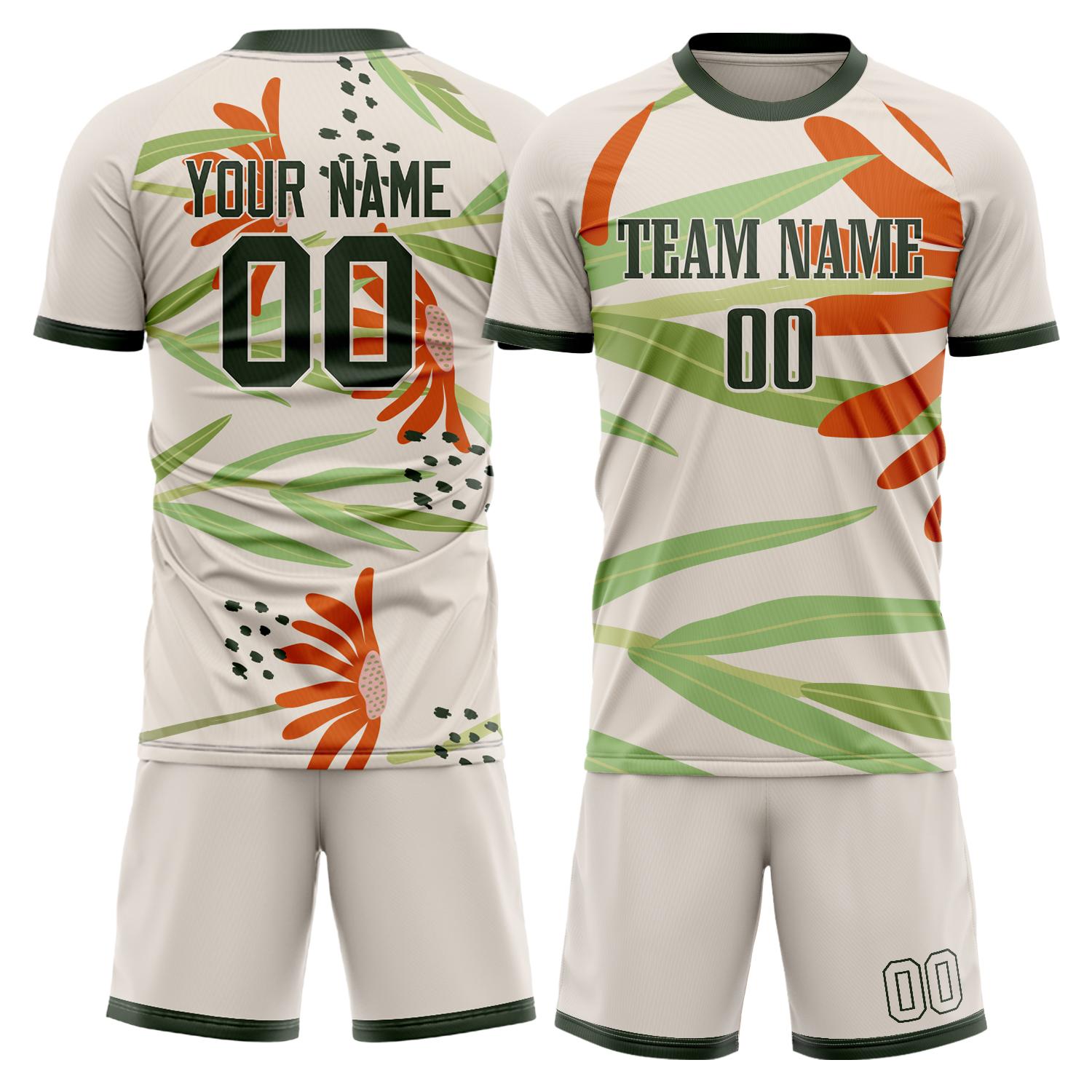 Maßgeschneidertes Professionelles Creme Grün Blumen Fußballtrikot-Set FT03240809XF366
