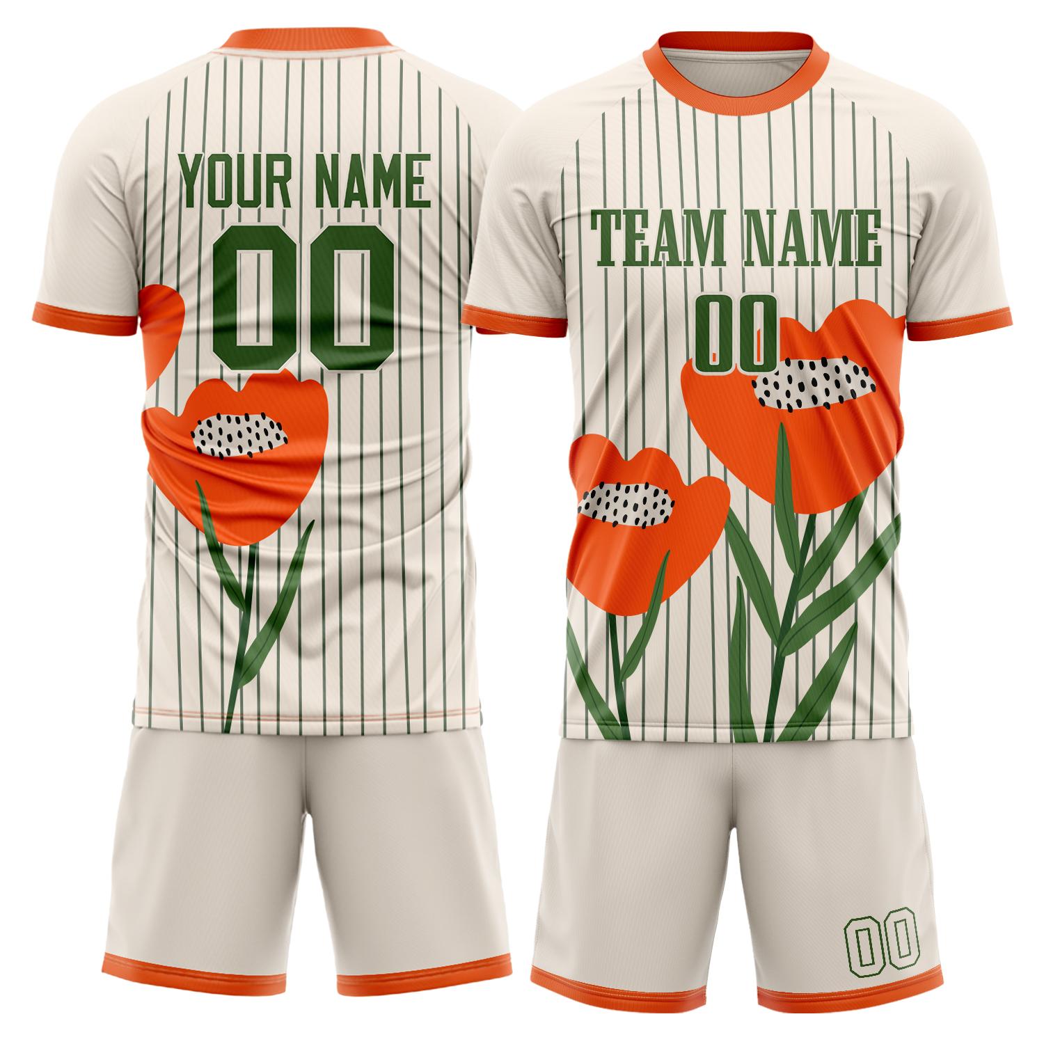 Maßgeschneidertes Professionelles Creme Grün Blumen Fußballtrikot-Set FT03240809XF370