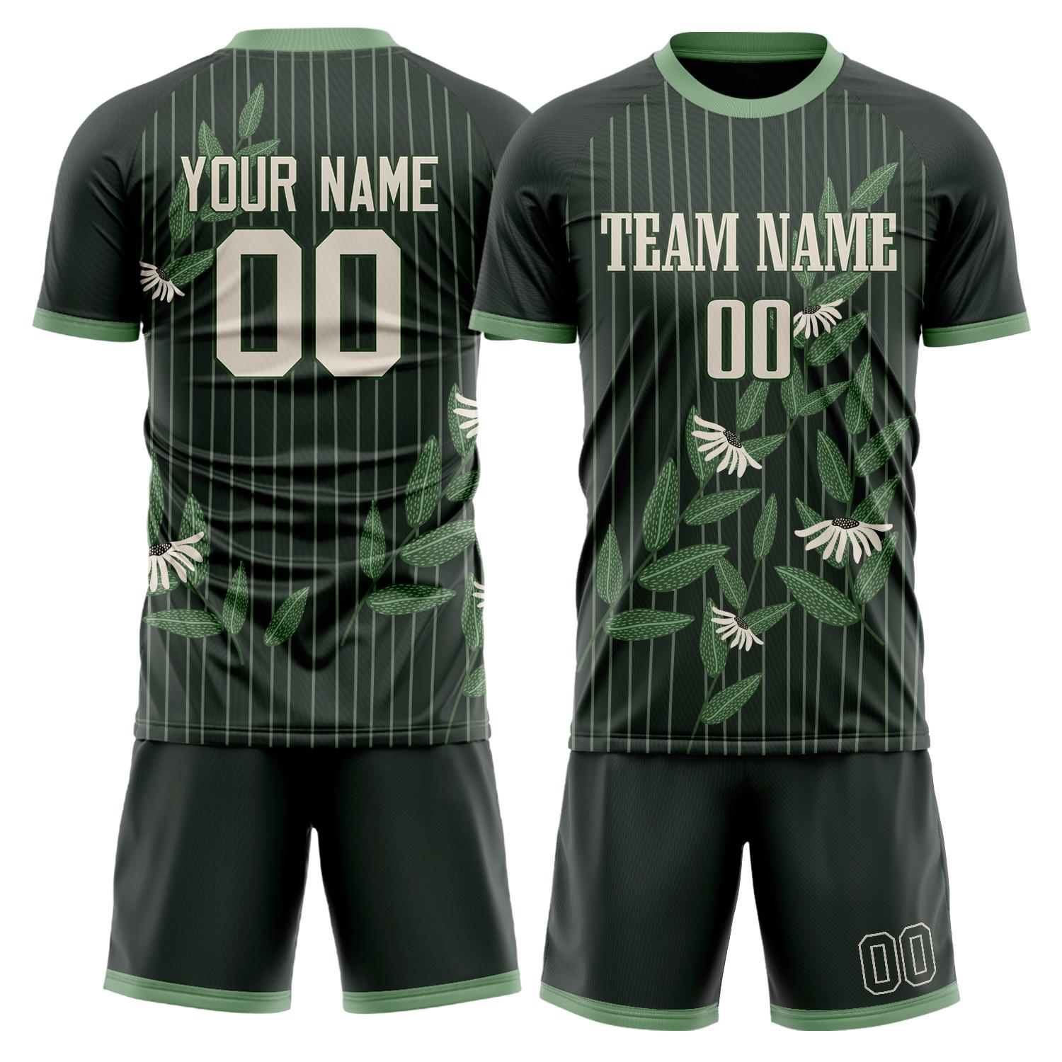 Maßgeschneidertes Professionelles Schwarz Grün Blumen Fußballtrikot-Set FT03240809XF371
