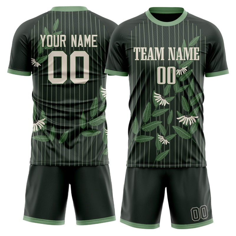 Maßgeschneidertes Professionelles Schwarz Grün Blumen Fußballtrikot-Set FT03240809XF371