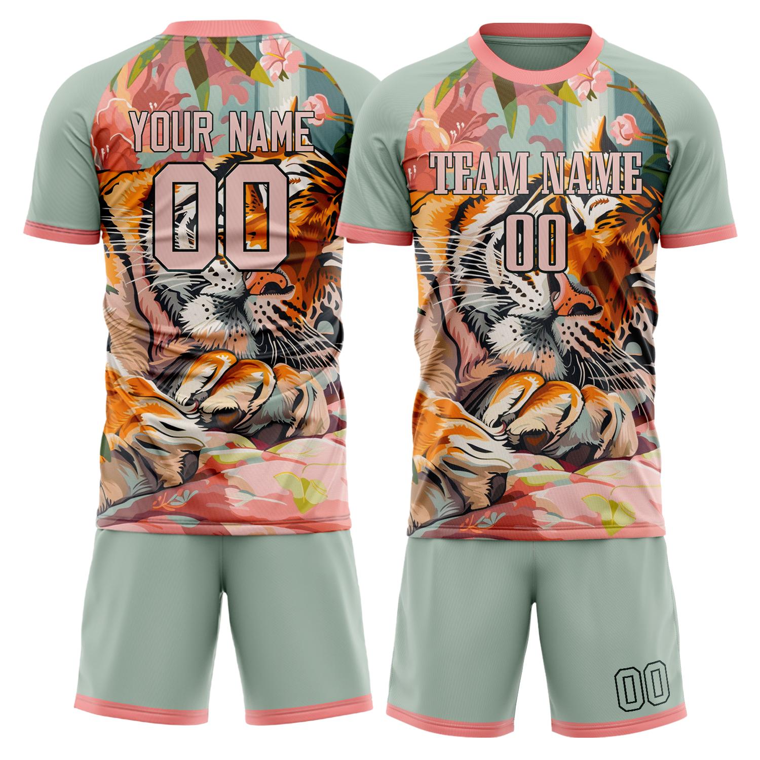 Maßgeschneidertes Professionelles Rosa Schwarz Tiger Fußballtrikot-Set FT03240809XF397