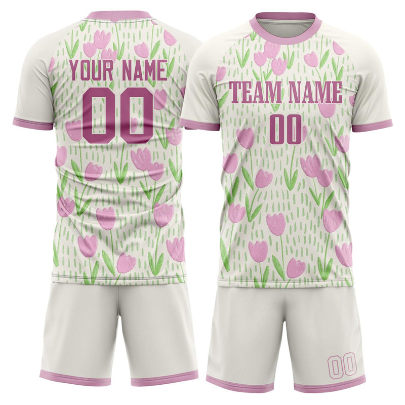 Maßgeschneidertes Professionelles Weiß Rosa Tulpen Fußballtrikot-Set FT03240809XF406