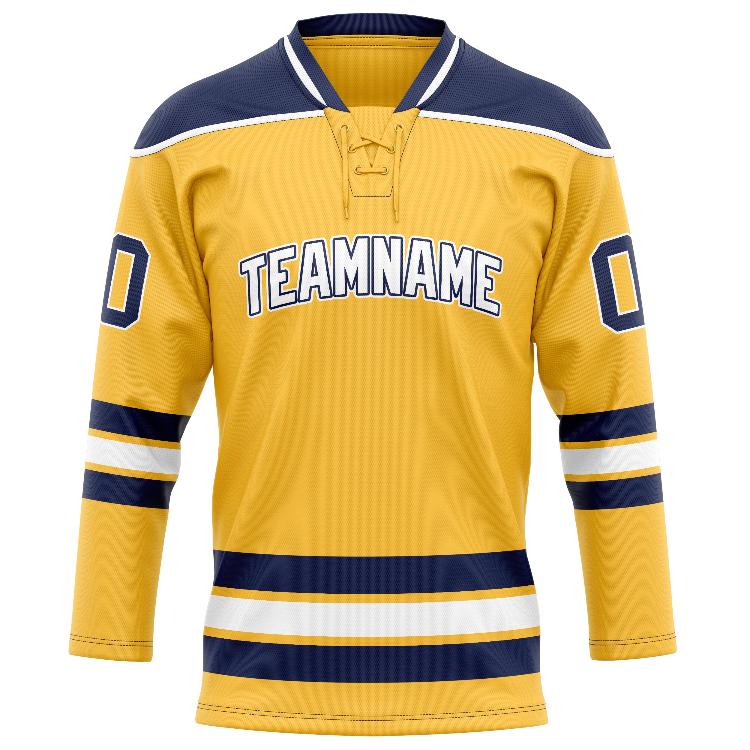 Maßgeschneidertes Professionelles Gold Marineblau Eishockeytrikot