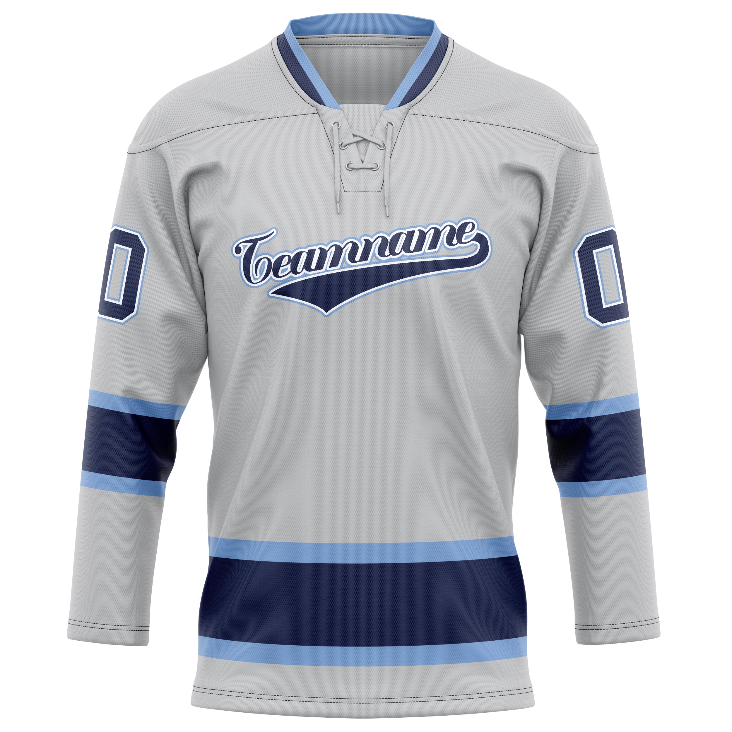 Maßgeschneidertes Professionelles Grau Marineblau Eishockeytrikot