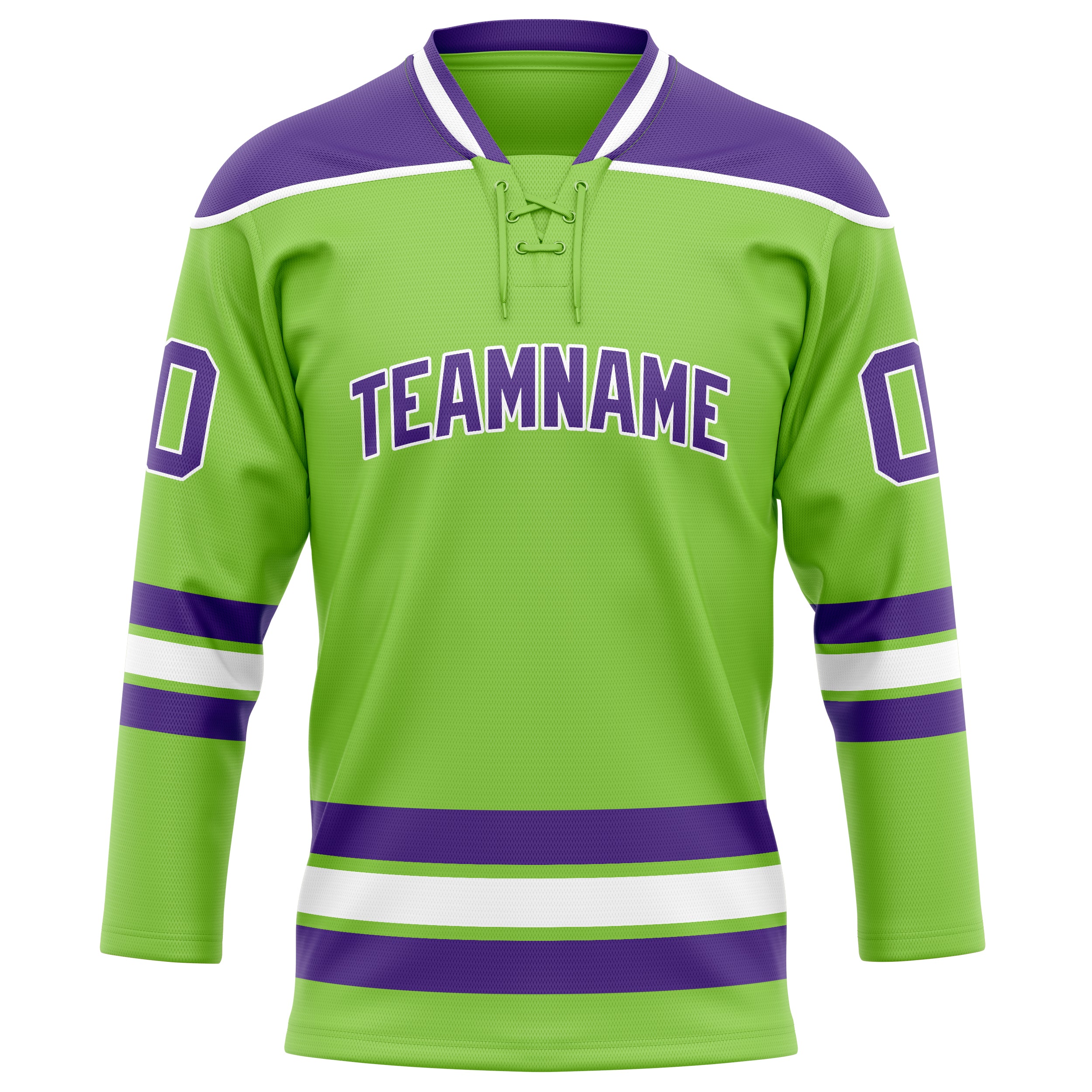 Maßgeschneidertes Professionelles Neongrün Lila Eishockeytrikot