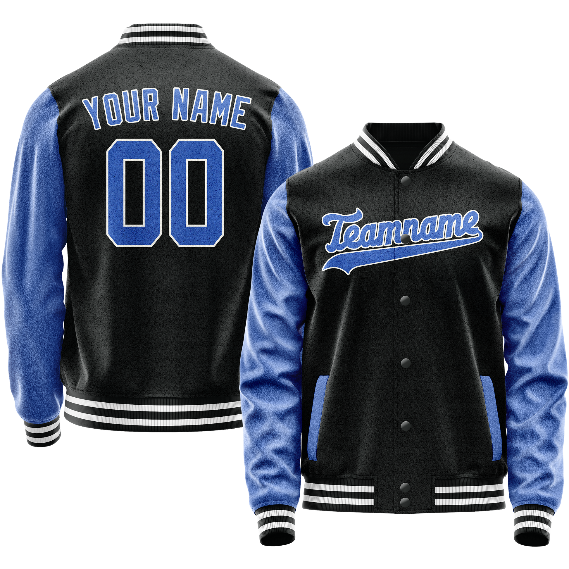 Maßgeschneidertes Schwarz Hellblau Collegejacke JA02240617XF030
