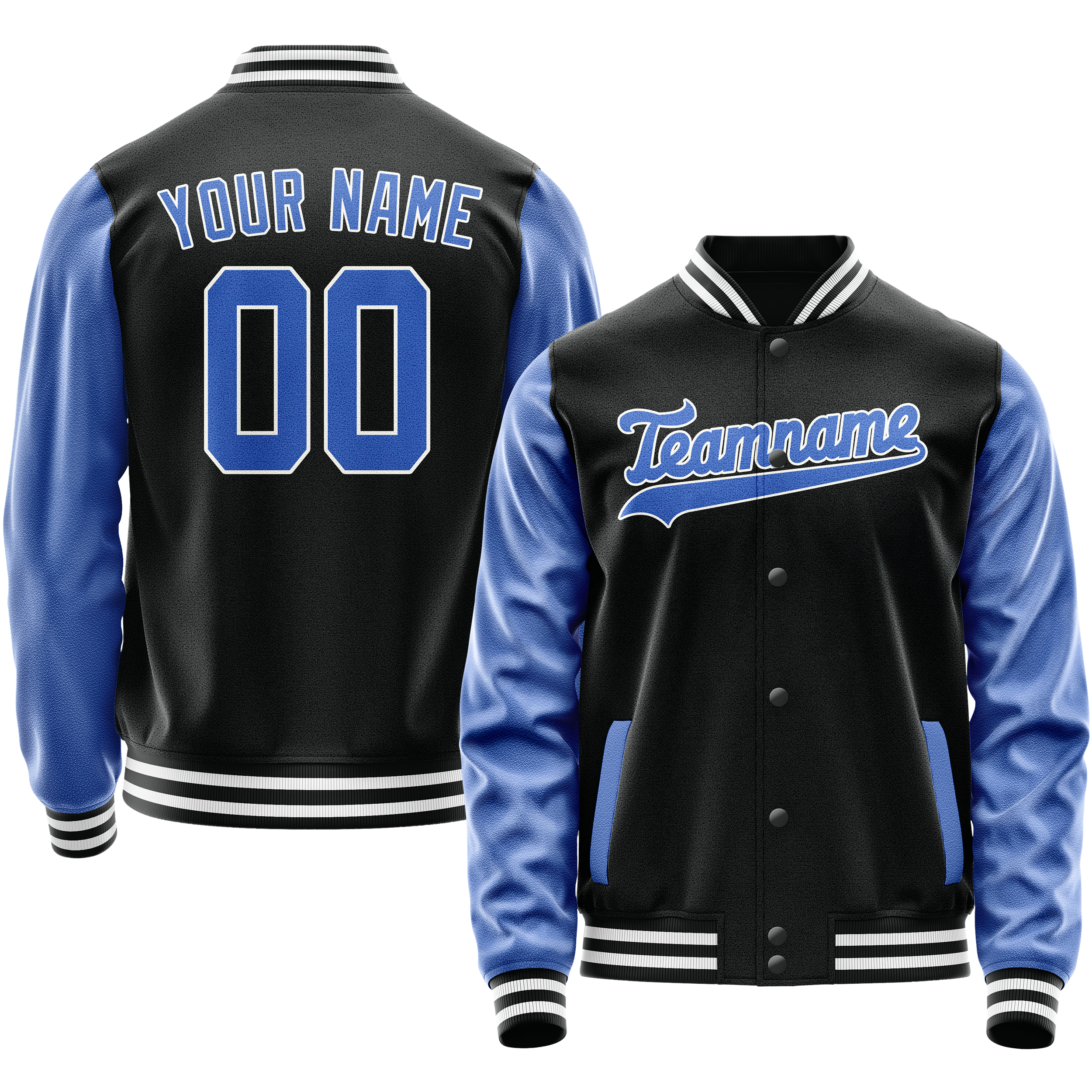 Maßgeschneidertes Schwarz Hellblau Collegejacke JA02240617XF030