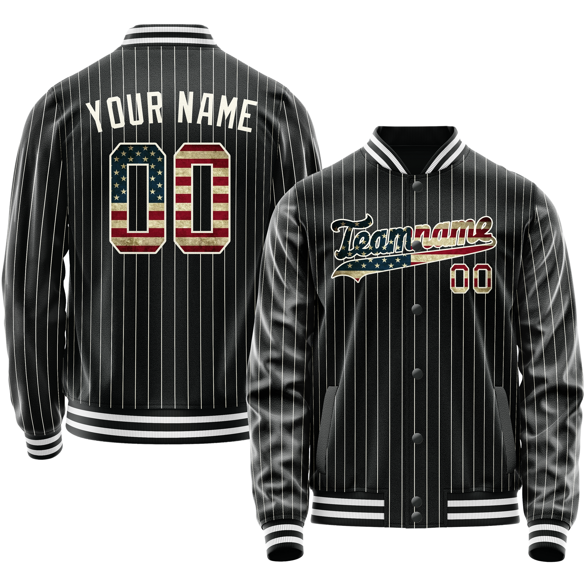 Maßgeschneidertes Schwarz Vintage Usa Flagge Collegejacke JA02240617HF058