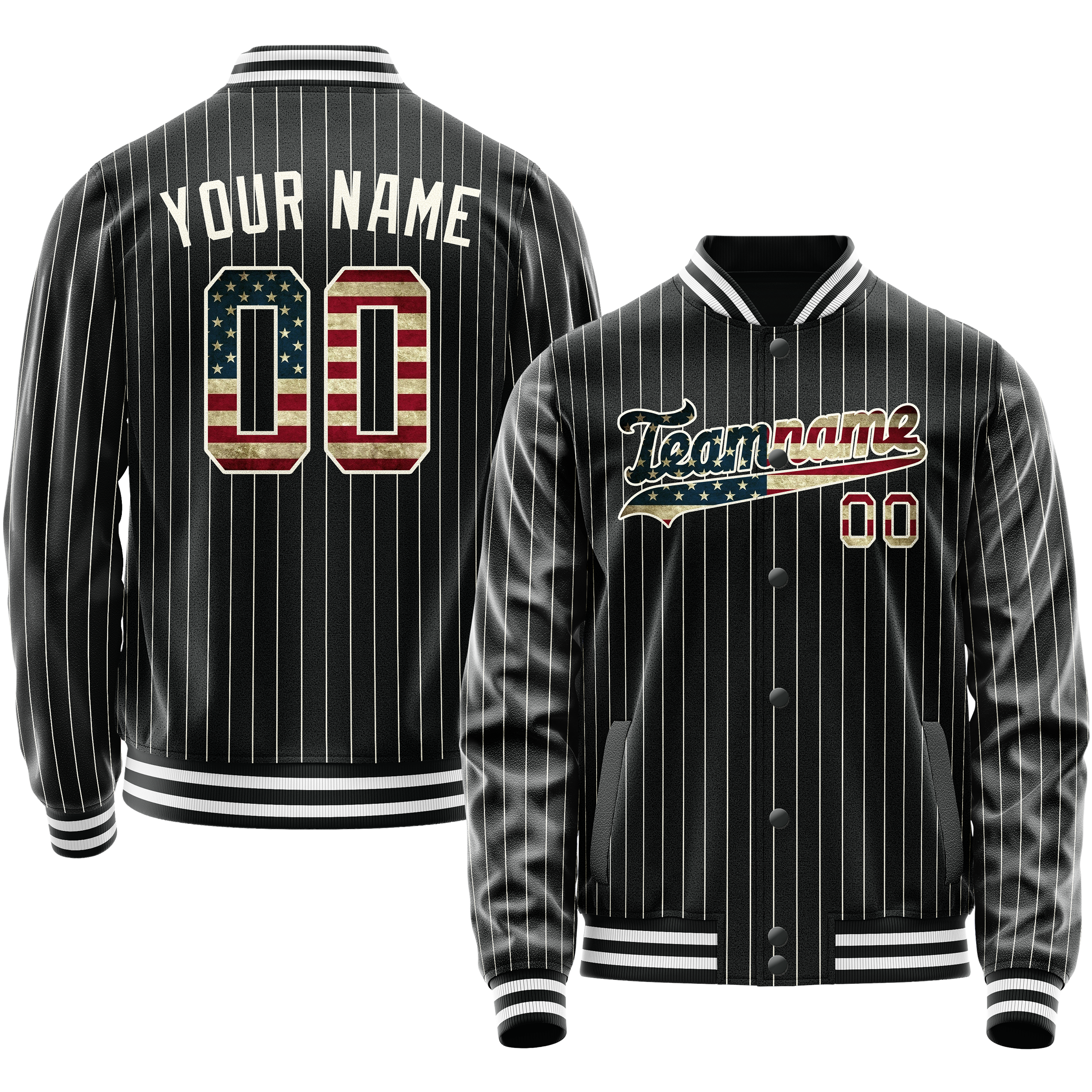 Maßgeschneidertes Schwarz Vintage Usa Flagge Collegejacke JA02240617HF058