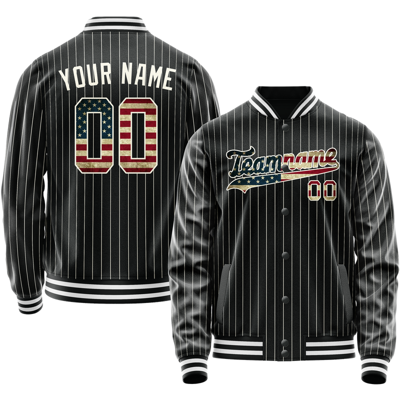 Maßgeschneidertes Schwarz Vintage Usa Flagge Collegejacke JA02240617HF058