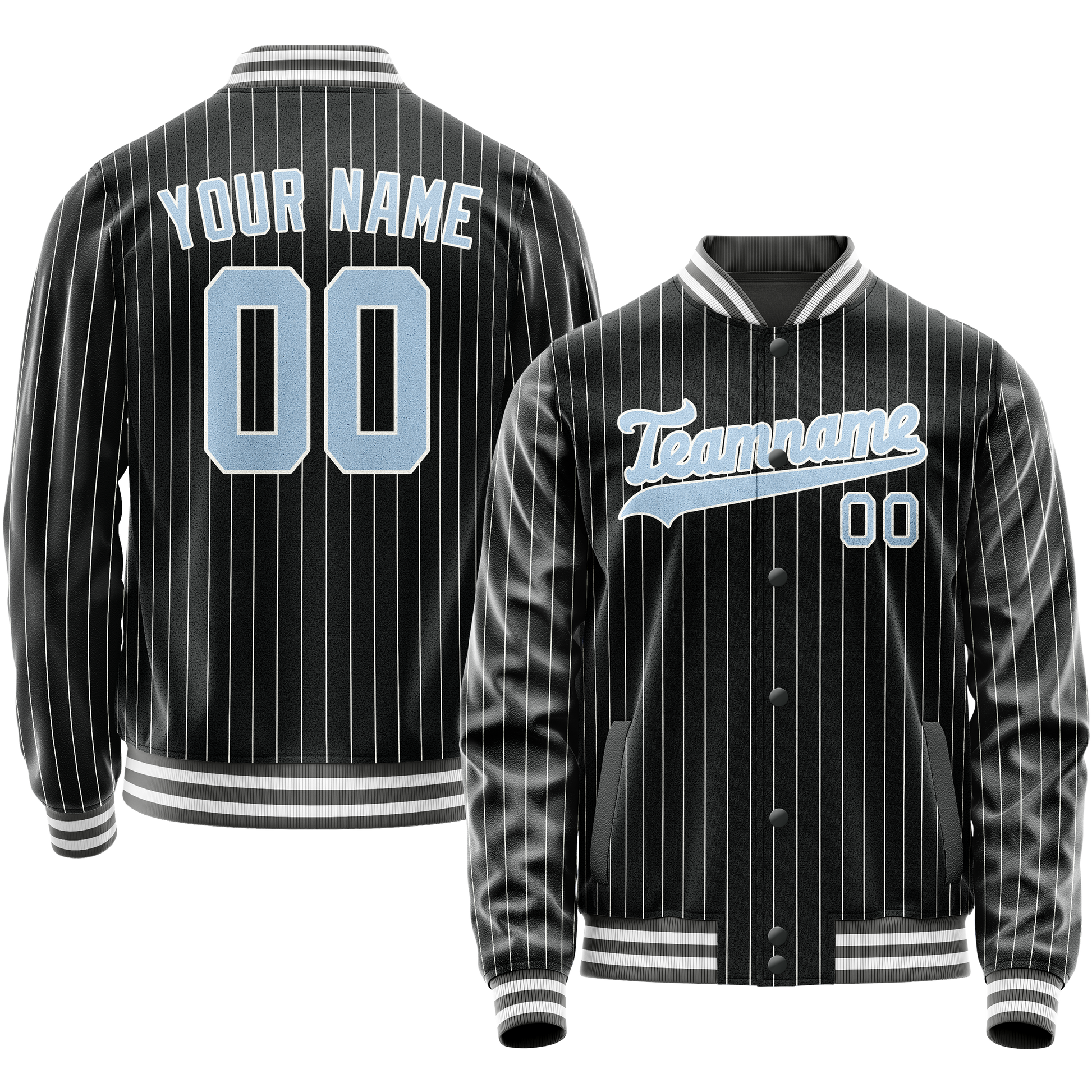 Maßgeschneidertes Schwarz Hellblau Collegejacke JA02240617HF046