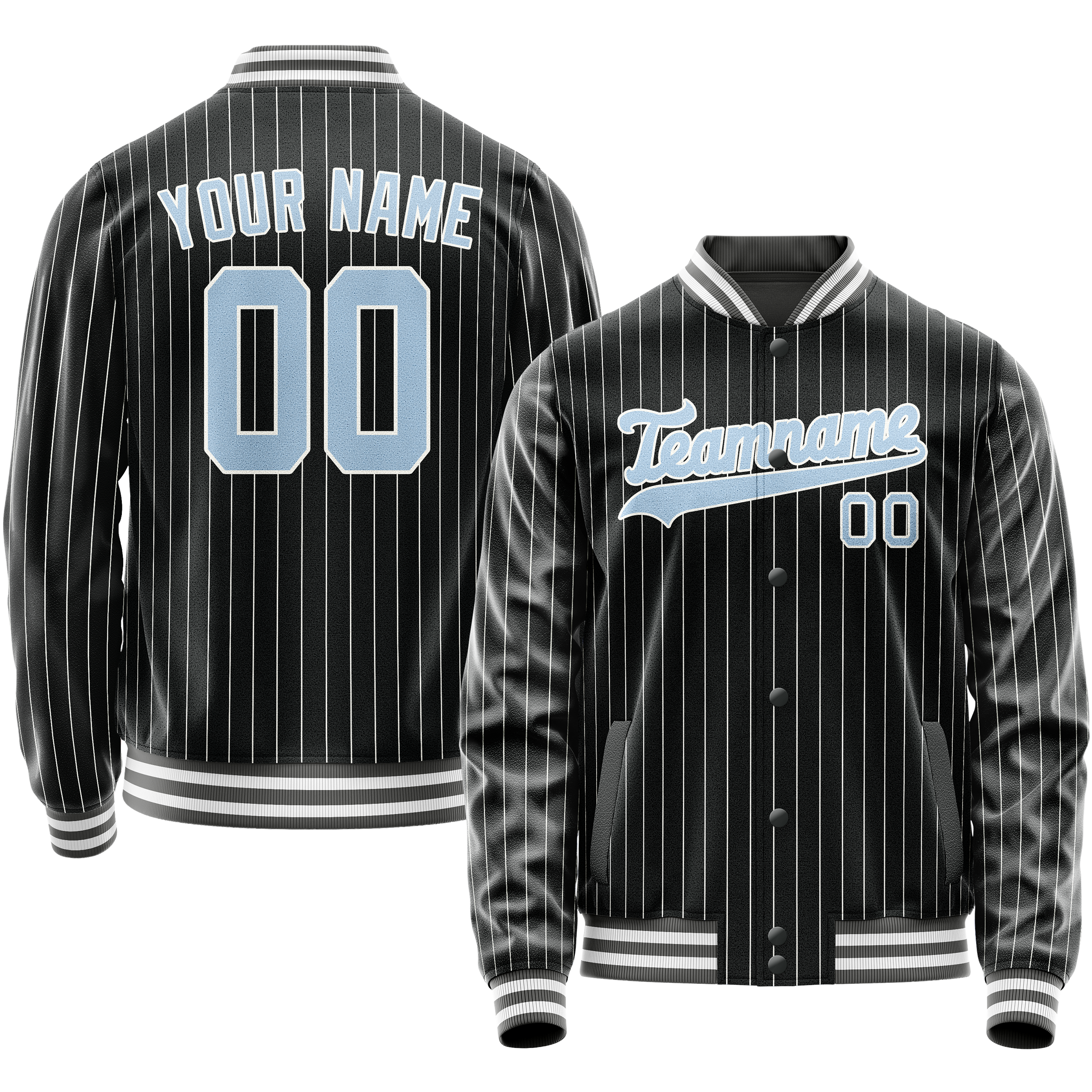 Maßgeschneidertes Schwarz Hellblau Collegejacke JA02240617HF046