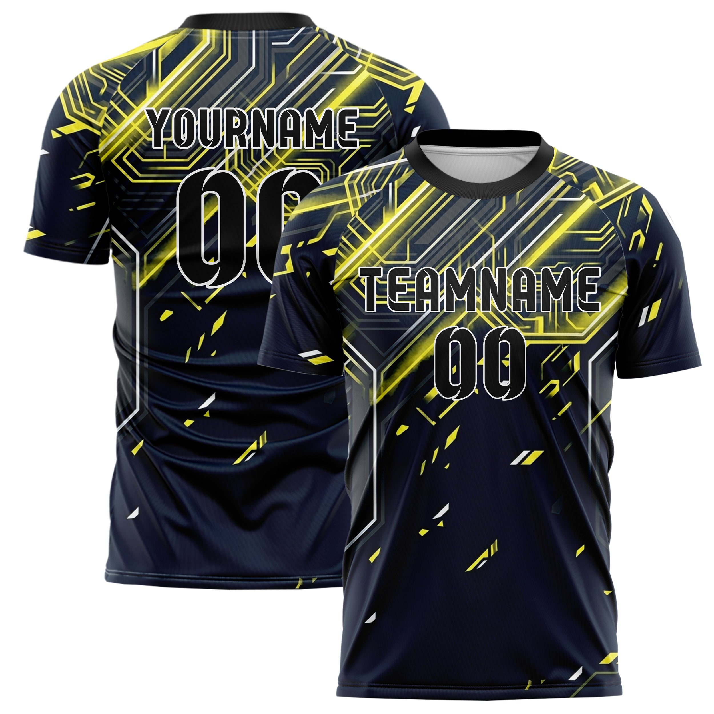 Marineblau Gelb Weiß Graphit Nacht Schaltkreis Neon individuelles Fußballtrikot