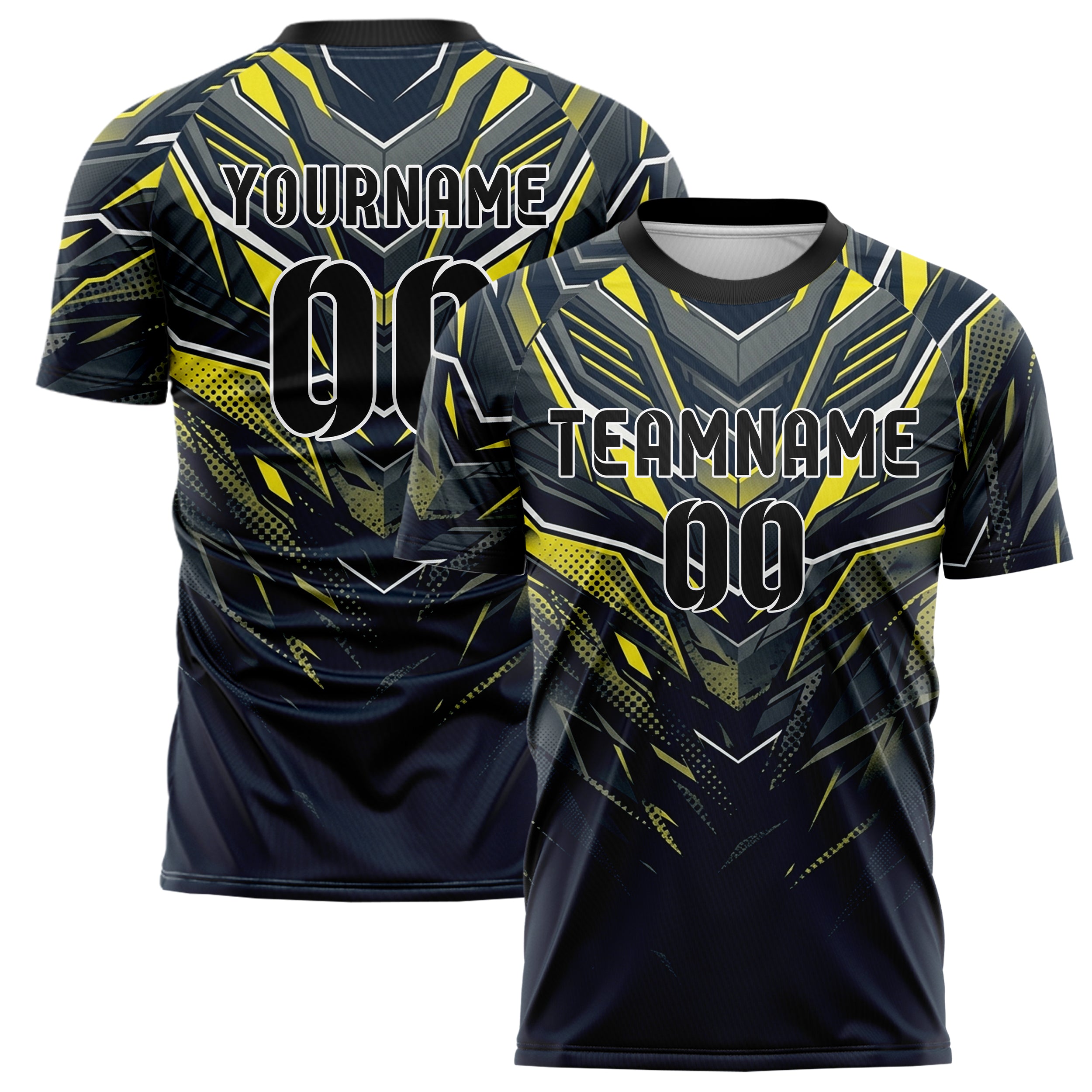 Marineblau Gelb Weiß Graphit Carbon Aero Rüstung individuelles Fußballtrikot