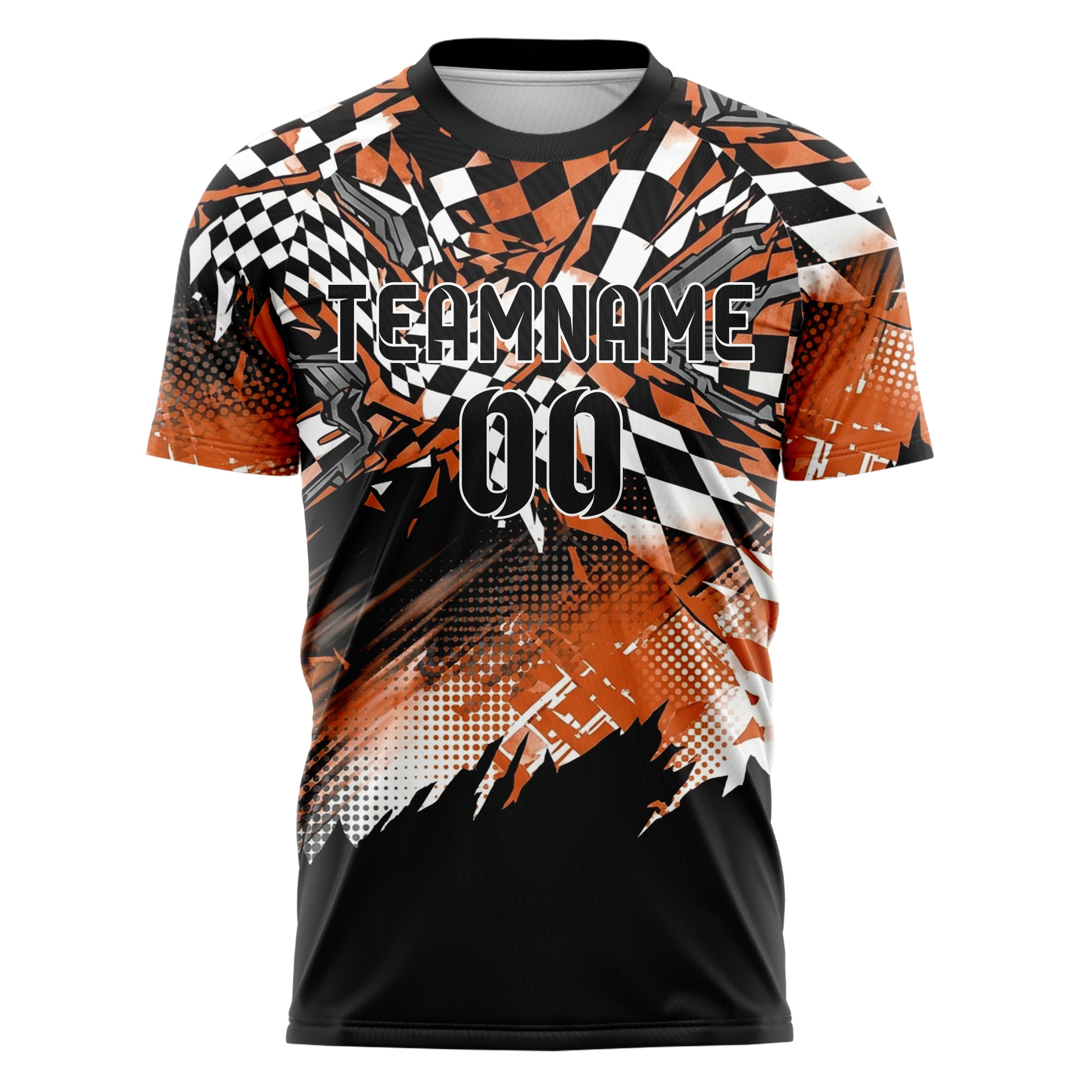 Schwarz Orange Weiß Metallgrau kariert Flagge Bruch individuelles Fußballtrikot